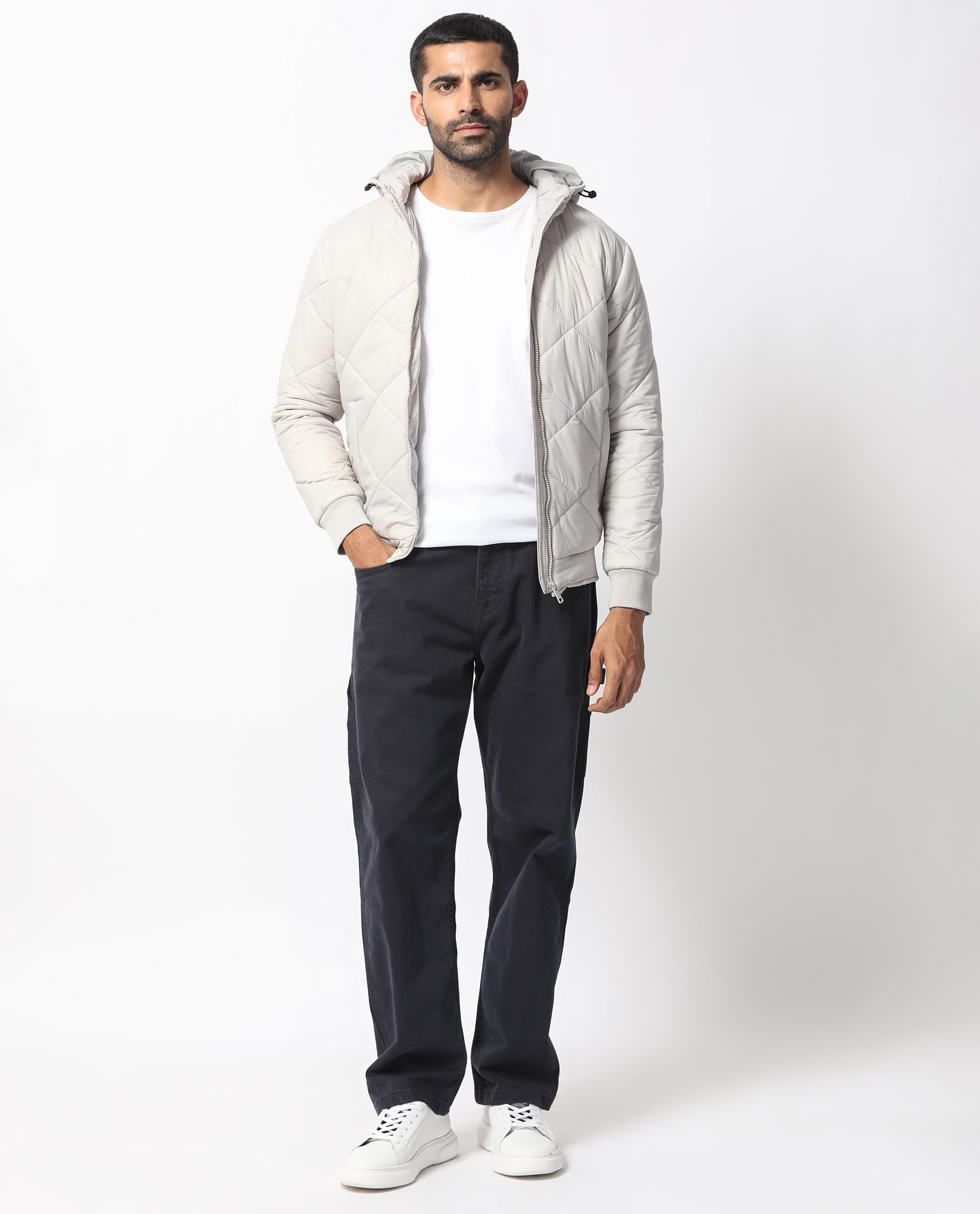 Rare Rabbit Men's Parco Light Grey Diamond Quilted Hooded Puffer Jacket