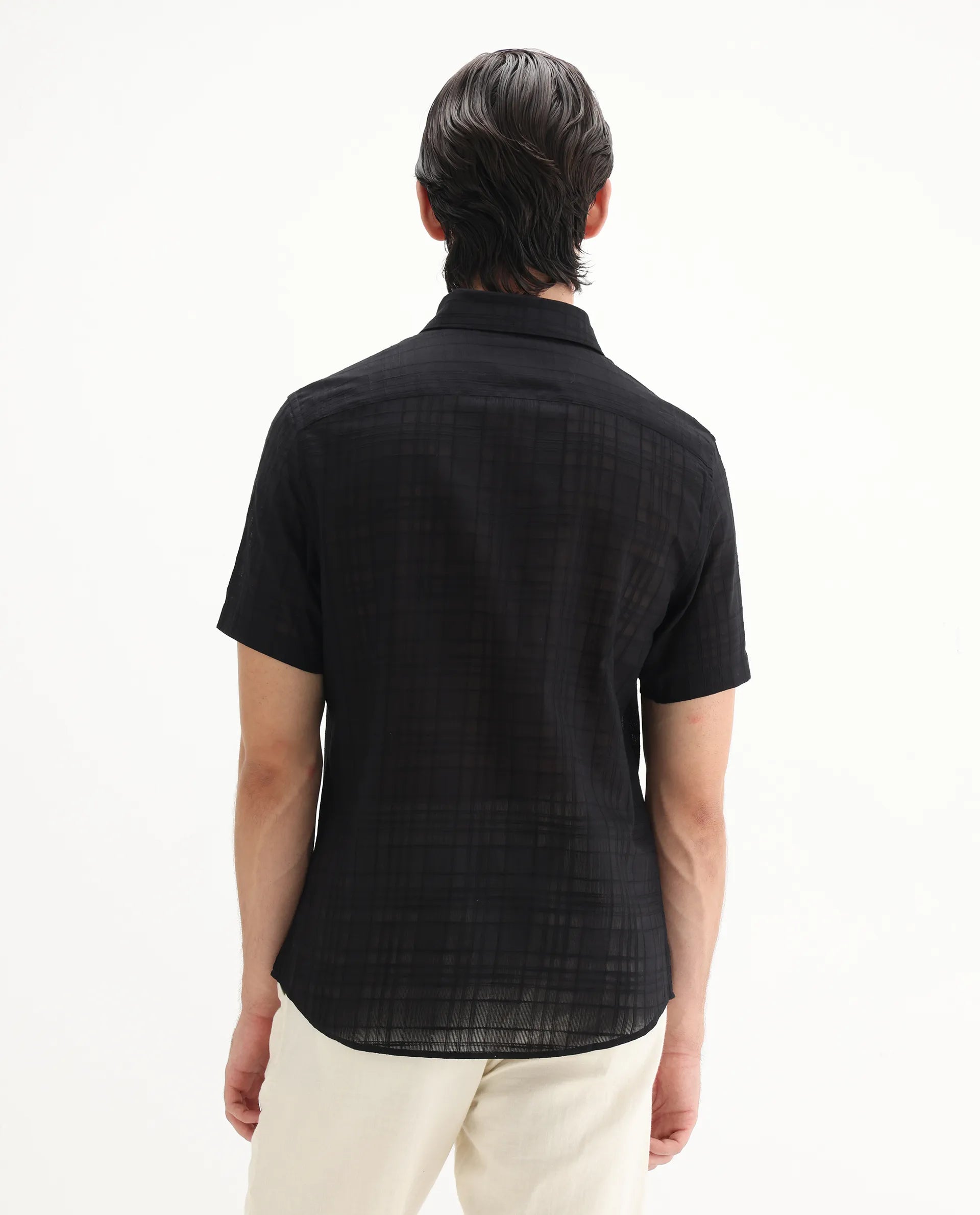 Rare Rabbit Men's Parcor Black Cotton Checked Print Regular Fit Half Sleeve Collared Shirt