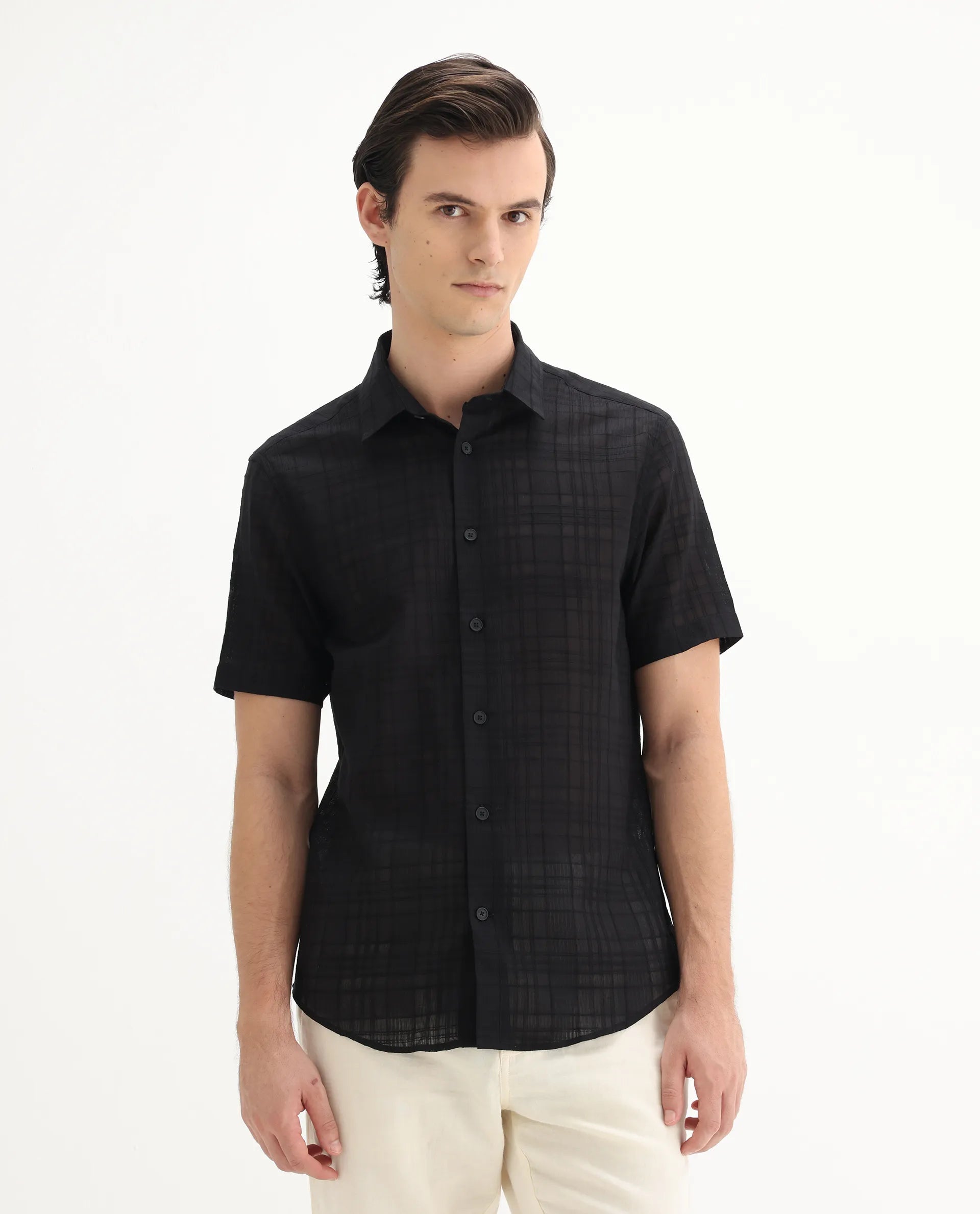 Rare Rabbit Men's Parcor Black Cotton Checked Print Regular Fit Half Sleeve Collared Shirt