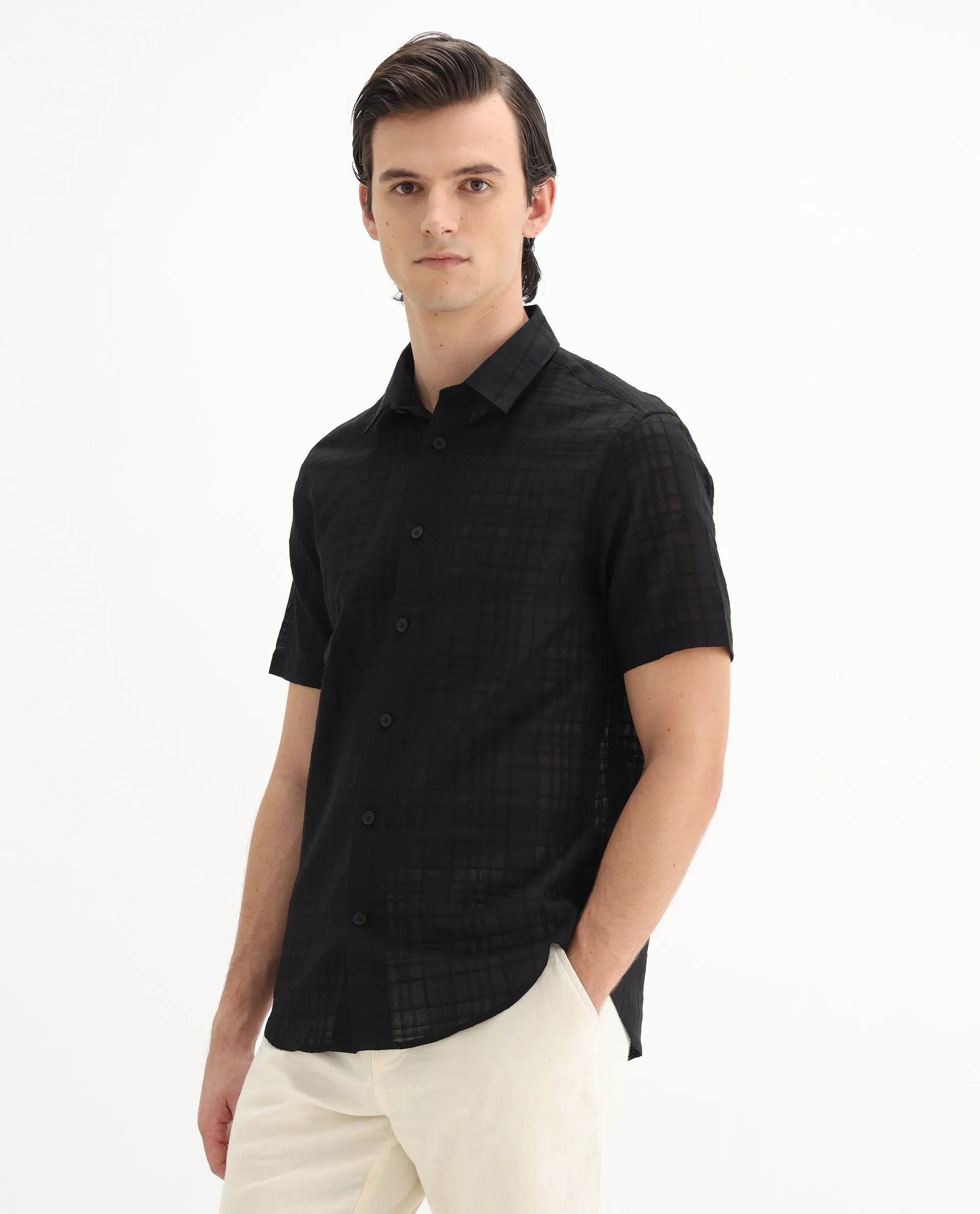 Rare Rabbit Men's Parcor Black Cotton Checked Print Regular Fit Half Sleeve Collared Shirt