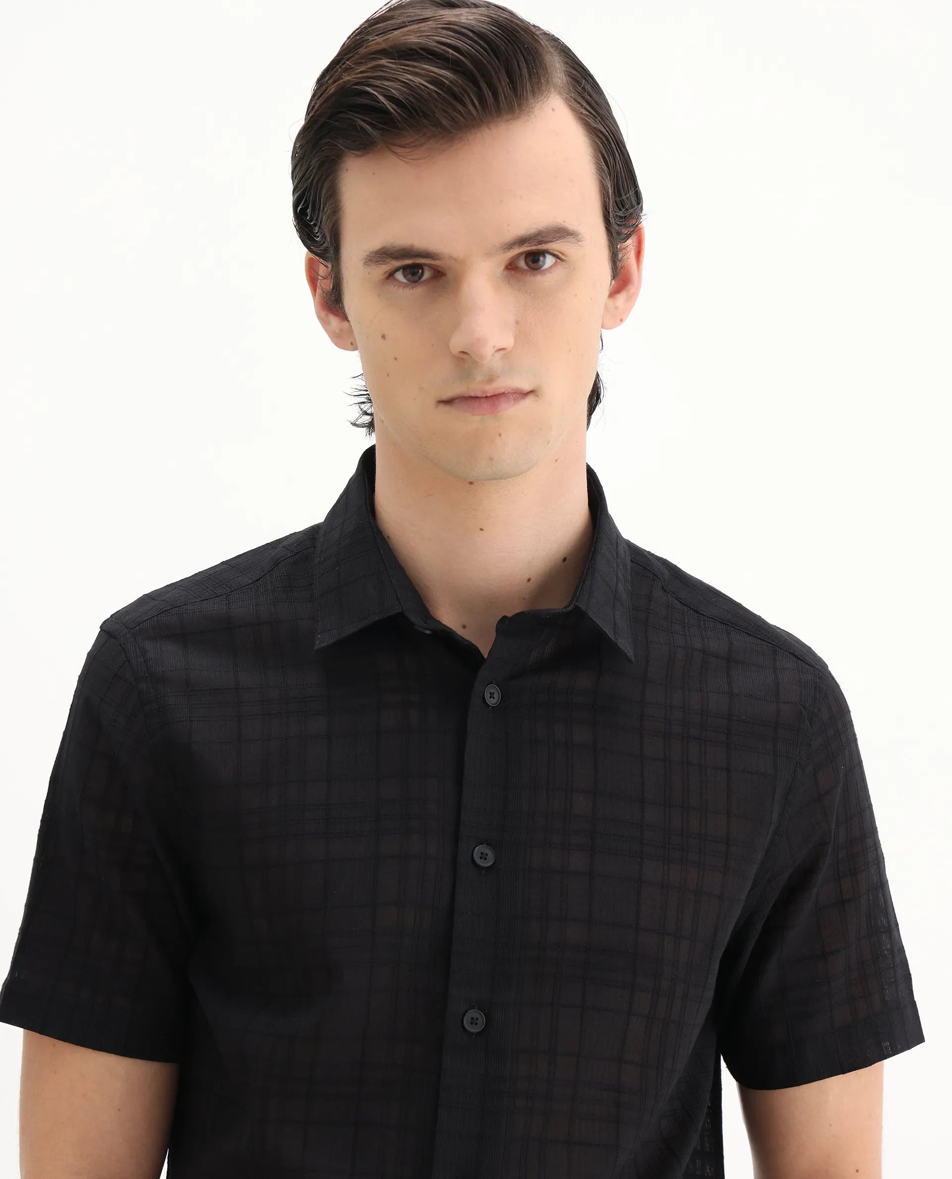 Rare Rabbit Men's Parcor Black Cotton Checked Print Regular Fit Half Sleeve Collared Shirt