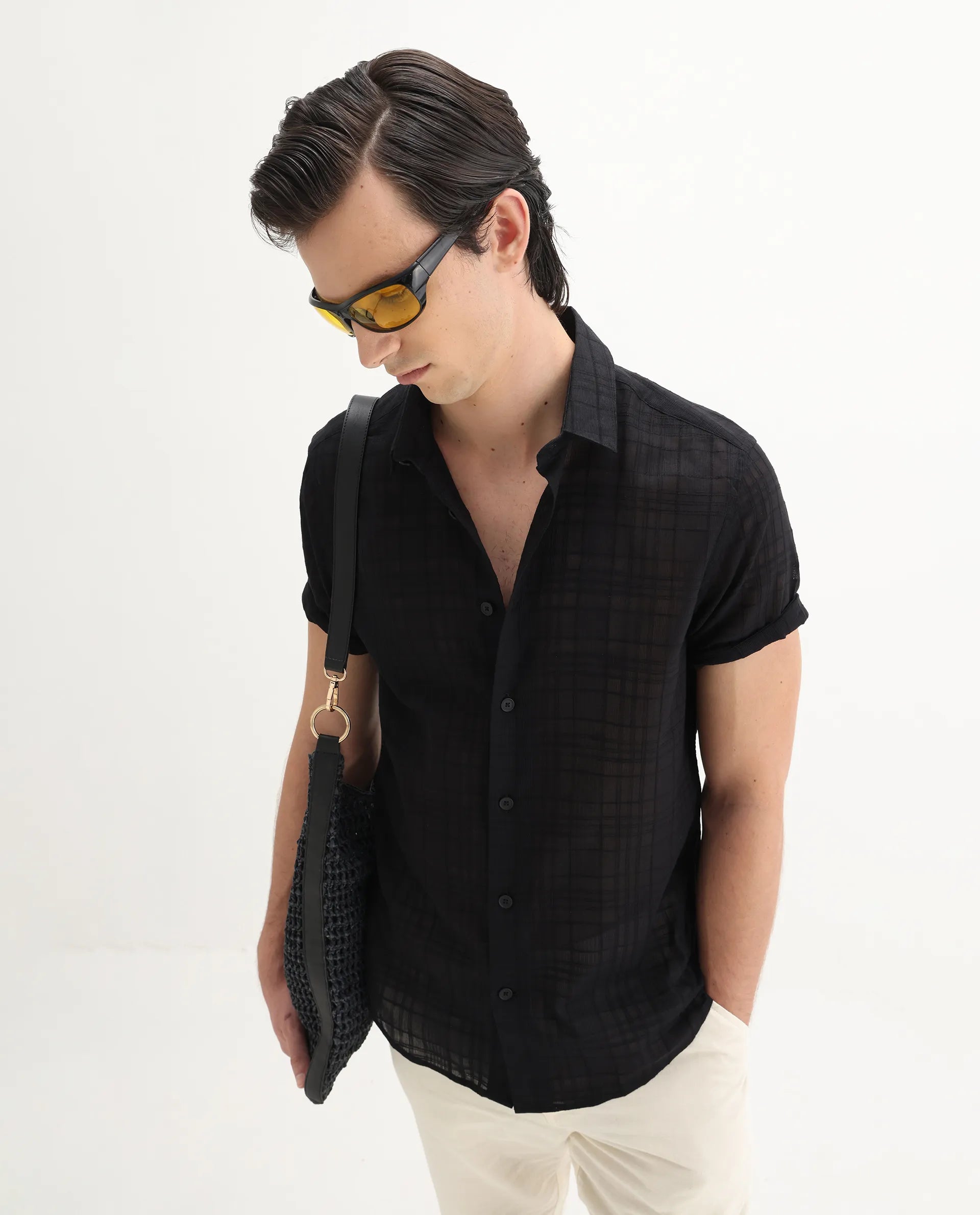 Rare Rabbit Men's Parcor Black Cotton Checked Print Regular Fit Half Sleeve Collared Shirt