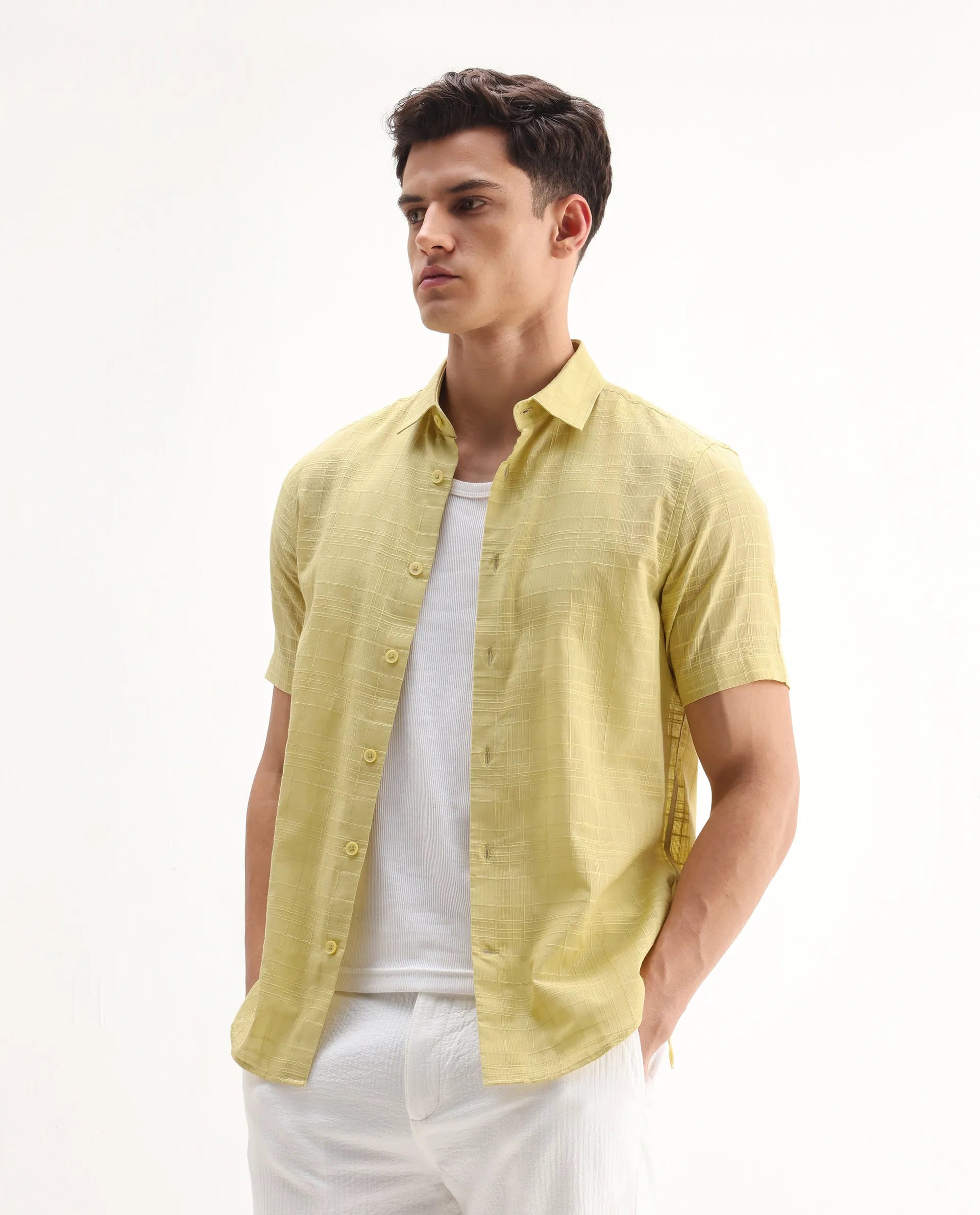 Rare Rabbit Men's Parcor Flouroscent Yellow Cotton Checked Print Regular Fit Half Sleeve Collared Shirt