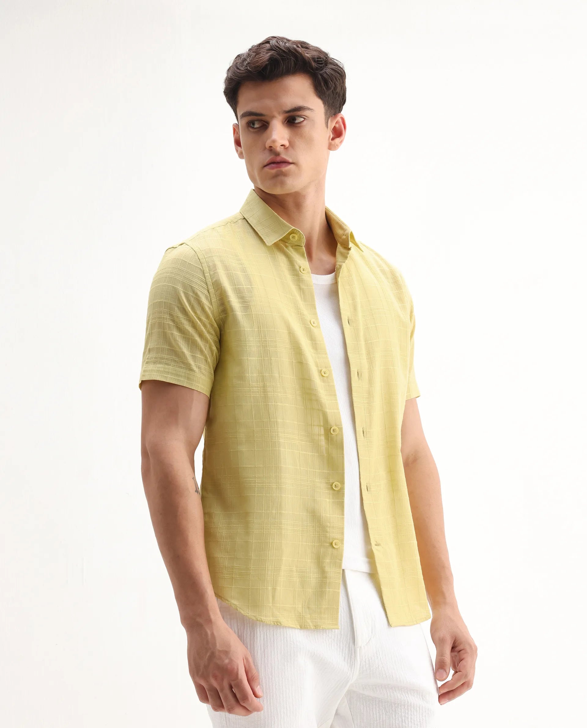 Rare Rabbit Men's Parcor Flouroscent Yellow Cotton Checked Print Regular Fit Half Sleeve Collared Shirt