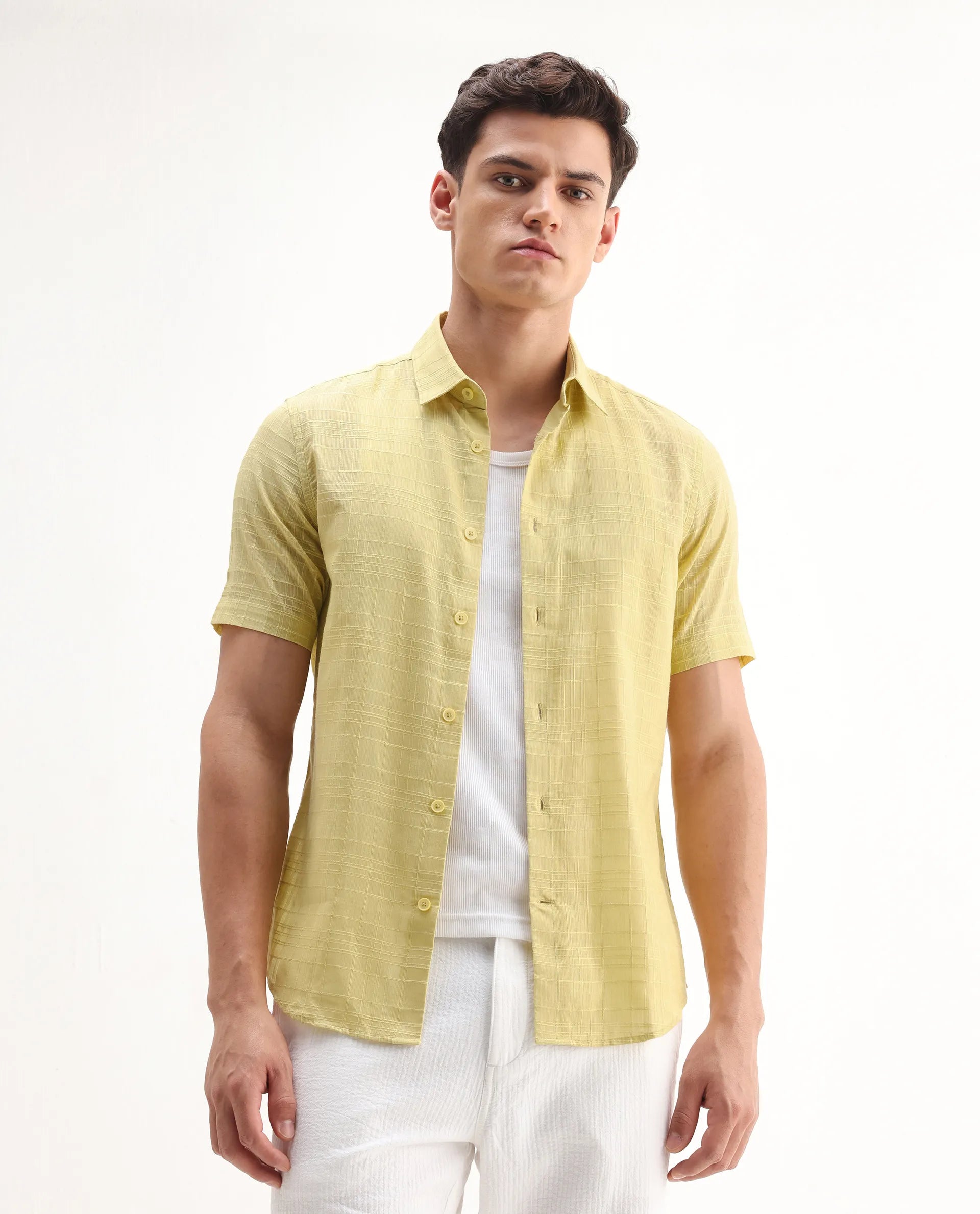 Rare Rabbit Men's Parcor Flouroscent Yellow Cotton Checked Print Regular Fit Half Sleeve Collared Shirt