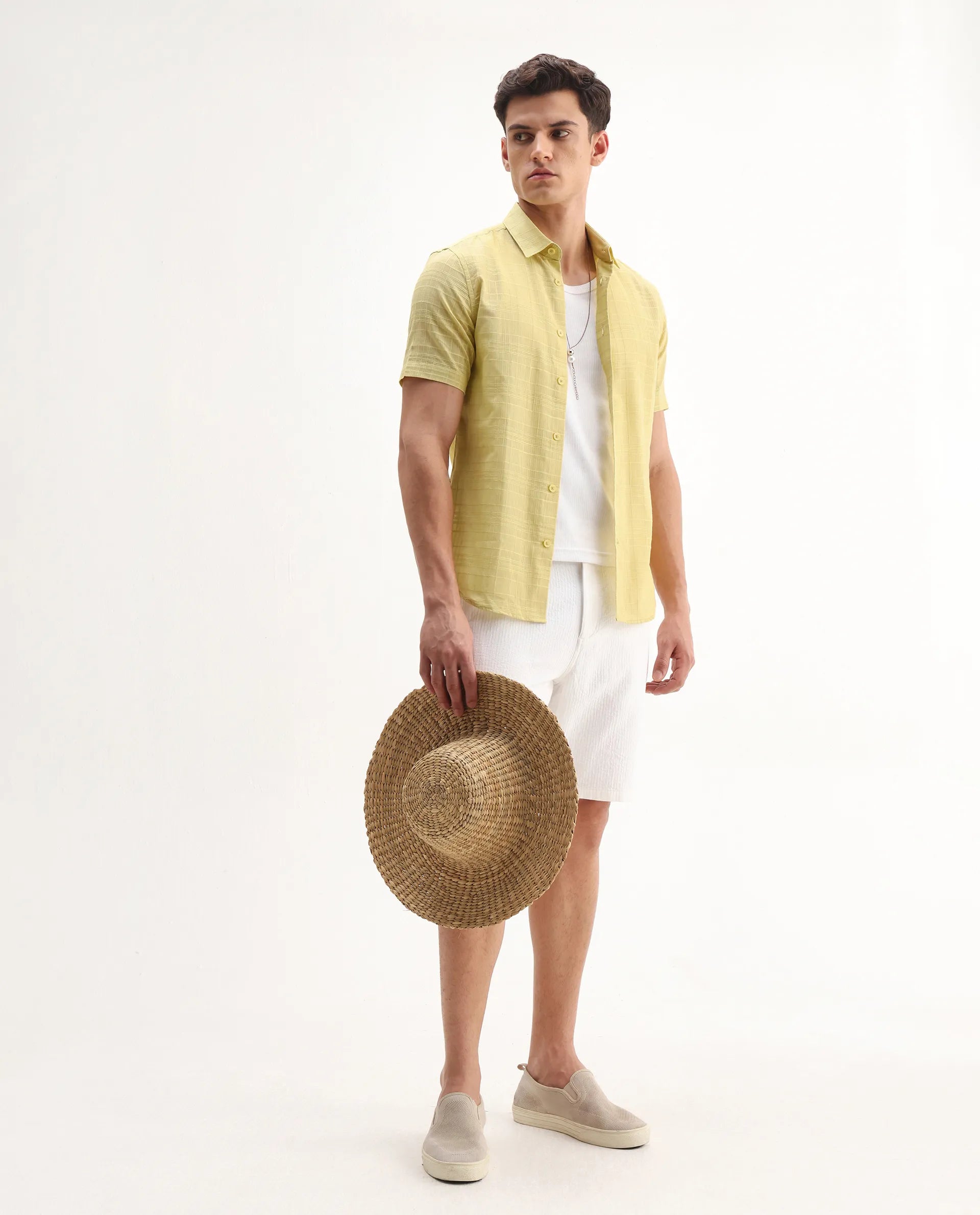 Rare Rabbit Men's Parcor Flouroscent Yellow Cotton Checked Print Regular Fit Half Sleeve Collared Shirt