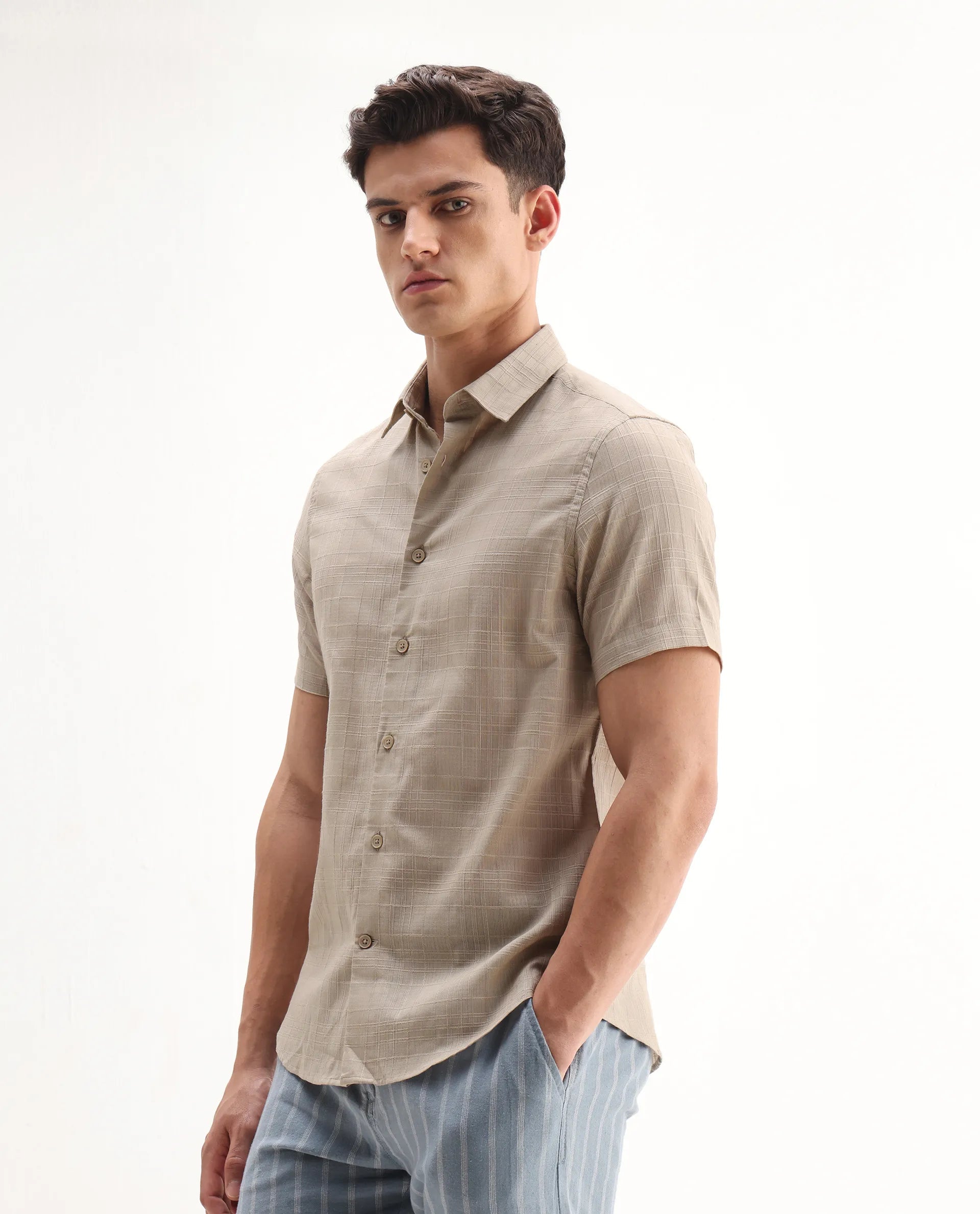 Rare Rabbit Men's Parcor Khaki Cotton Checked Print Regular Fit Half Sleeve Collared Shirt