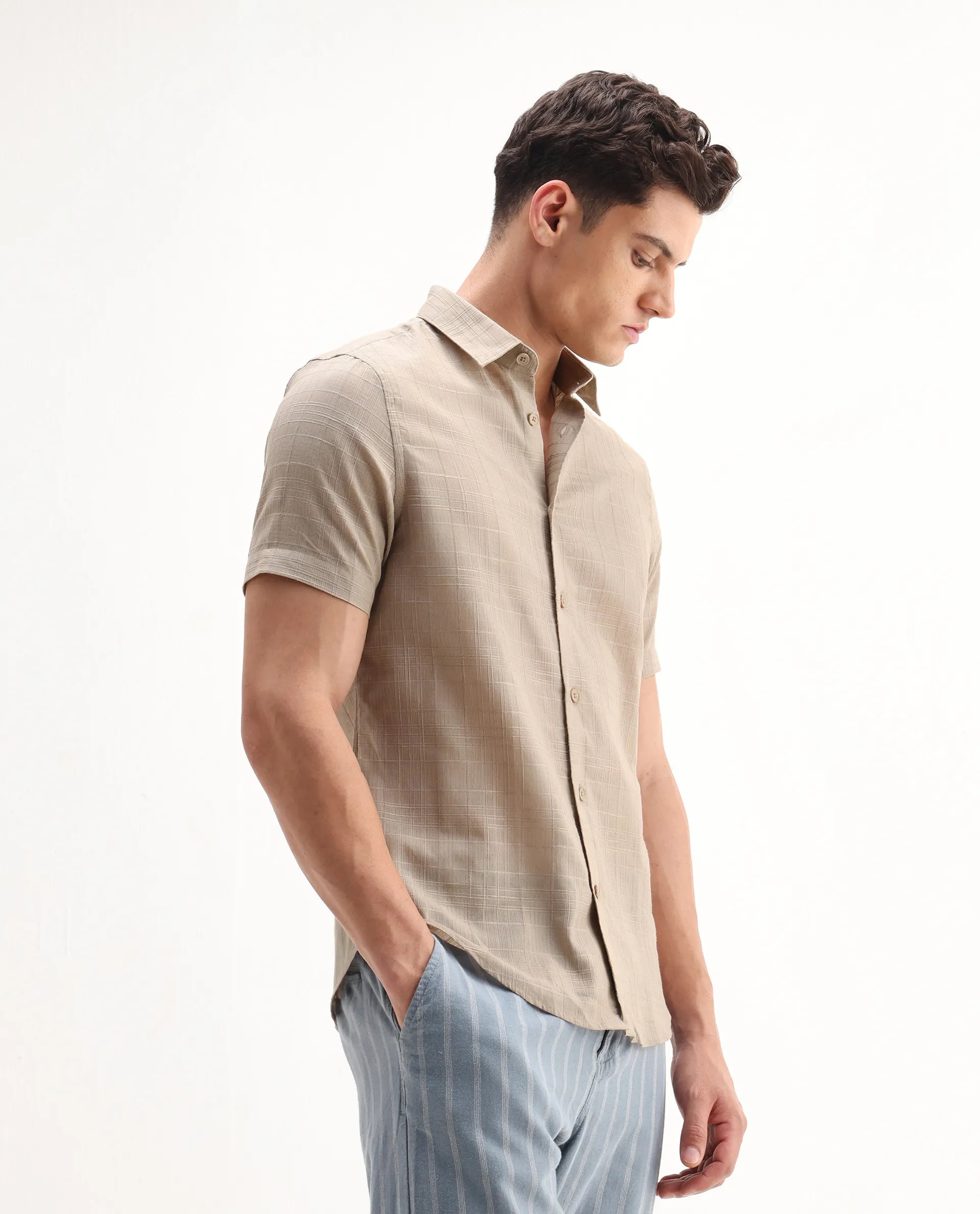 Rare Rabbit Men's Parcor Khaki Cotton Checked Print Regular Fit Half Sleeve Collared Shirt