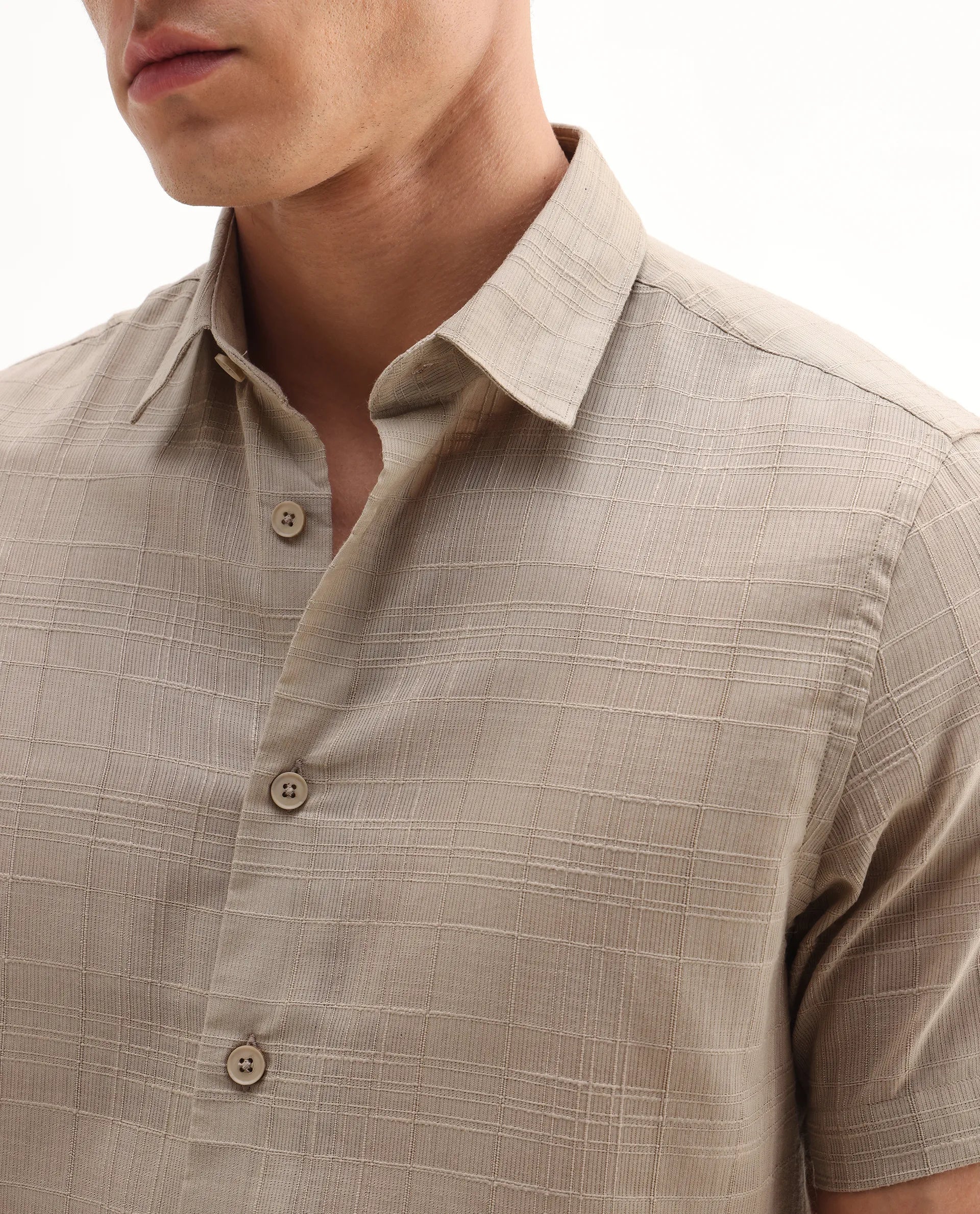 Rare Rabbit Men's Parcor Khaki Cotton Checked Print Regular Fit Half Sleeve Collared Shirt