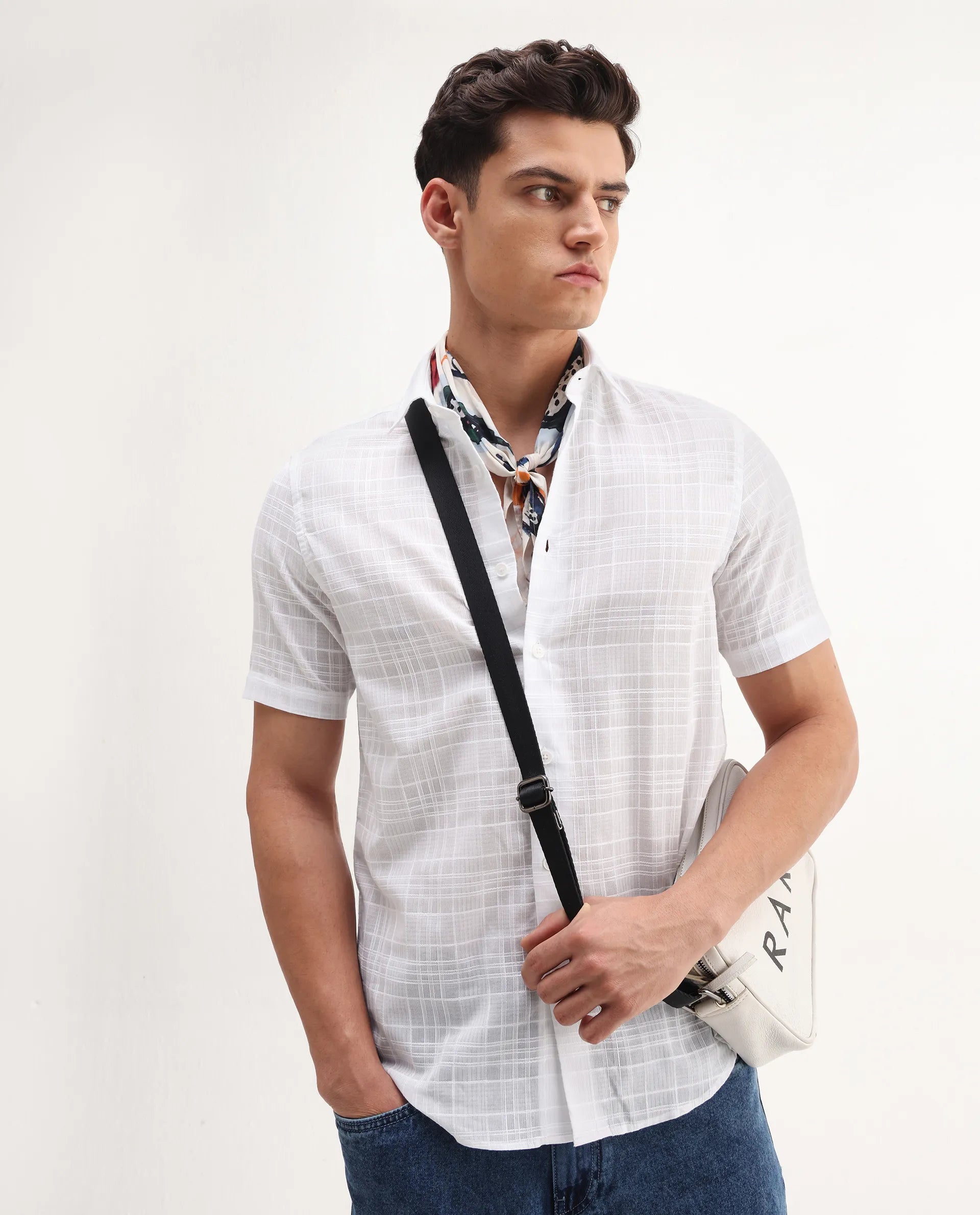 Rare Rabbit Men's Parcor White Cotton Checked Print Regular Fit Half Sleeve Collared Shirt