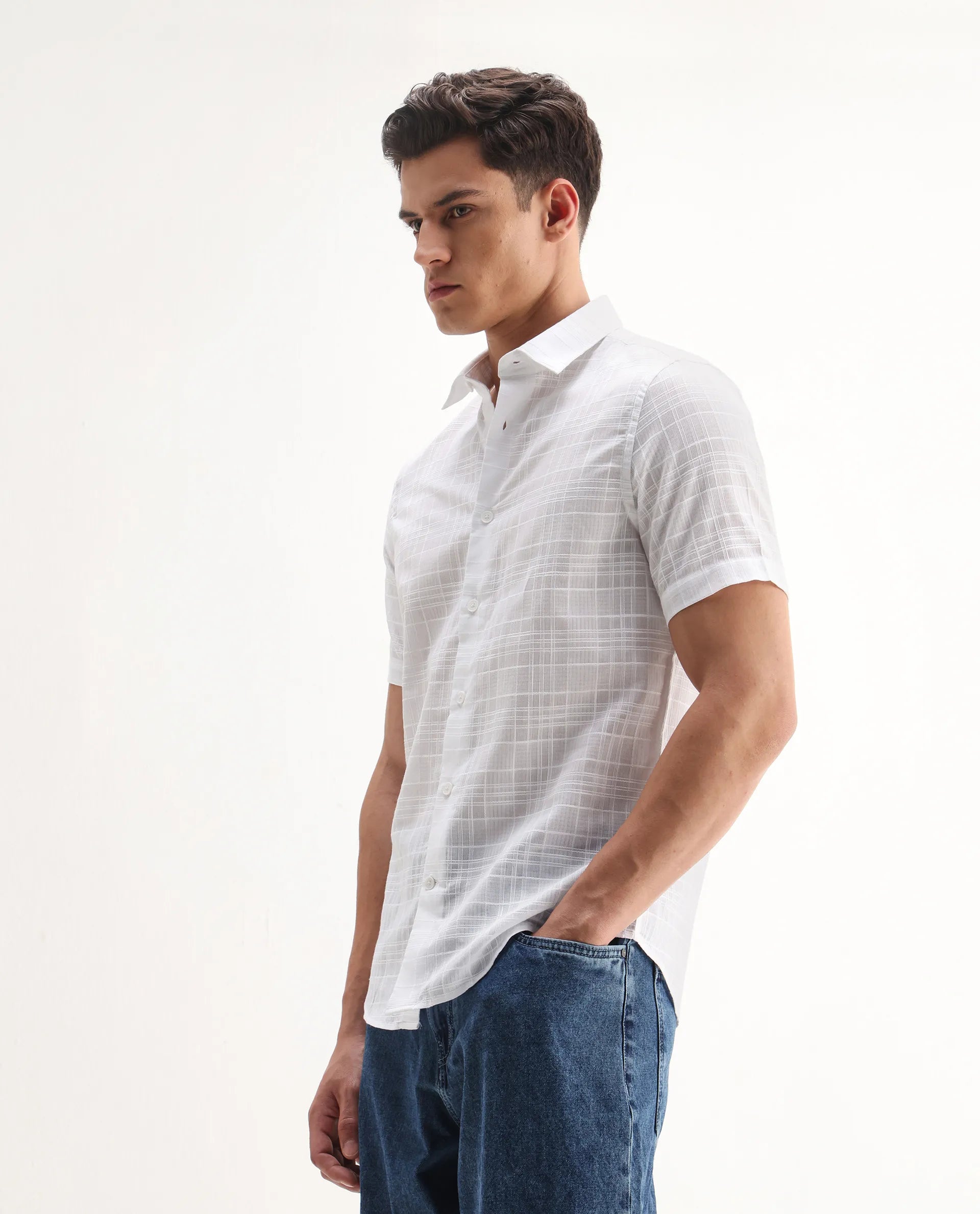 Rare Rabbit Men's Parcor White Cotton Checked Print Regular Fit Half Sleeve Collared Shirt