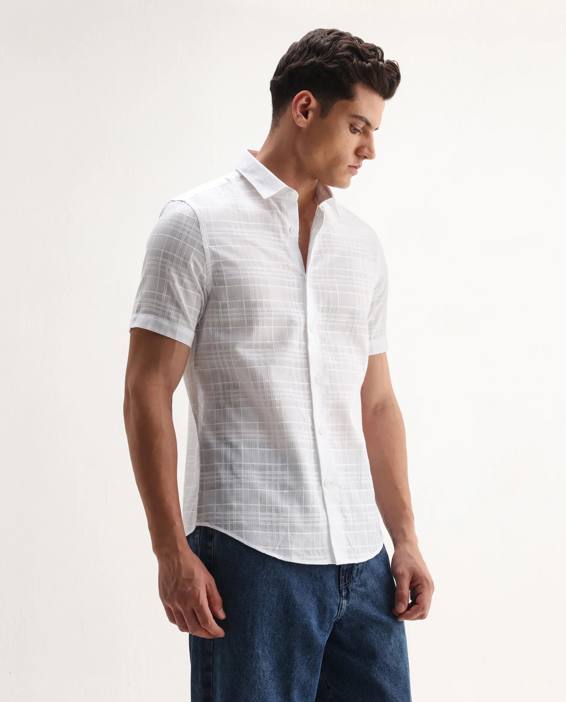 Rare Rabbit Men's Parcor White Cotton Checked Print Regular Fit Half Sleeve Collared Shirt