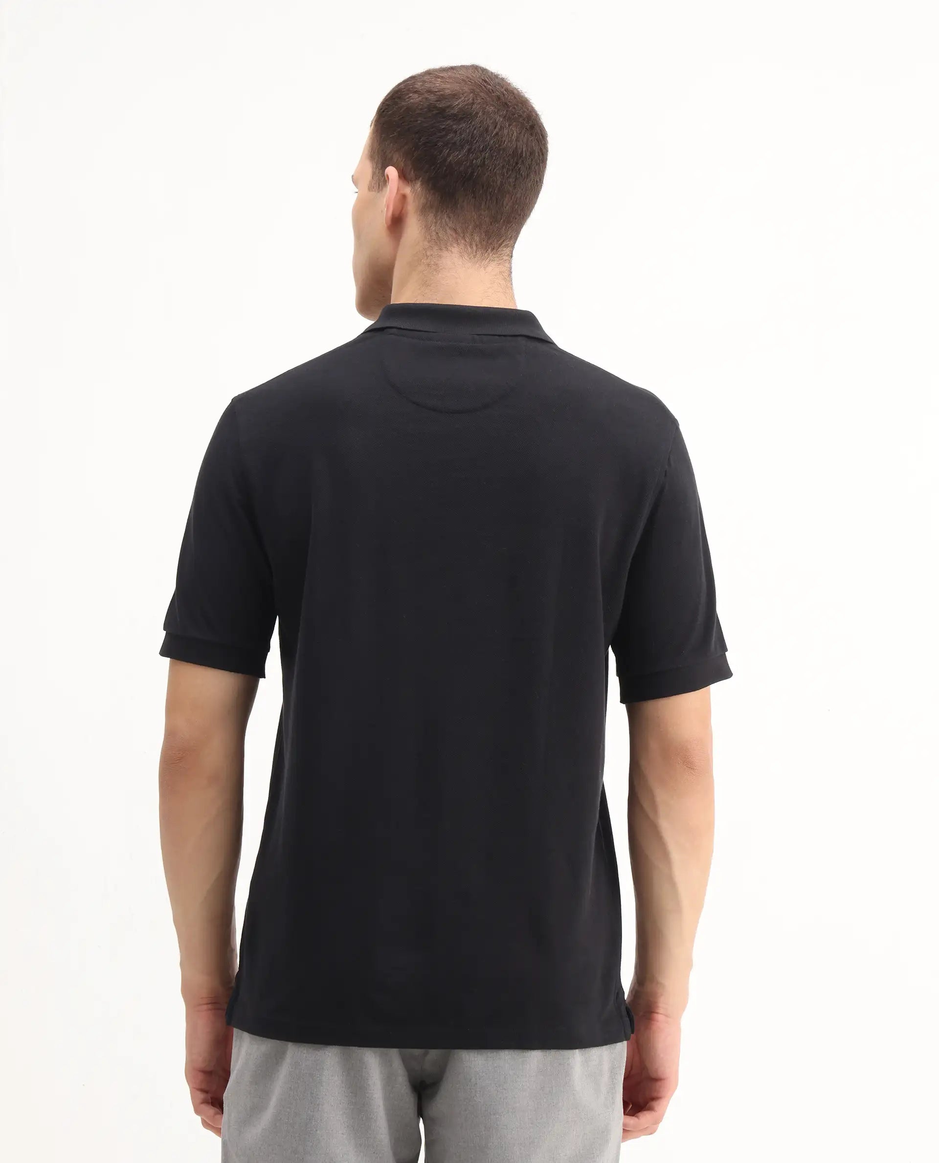 Rare Rabbit Men's Pare-1 Black Cotton Plain Regular Fit Half Sleeve Polo