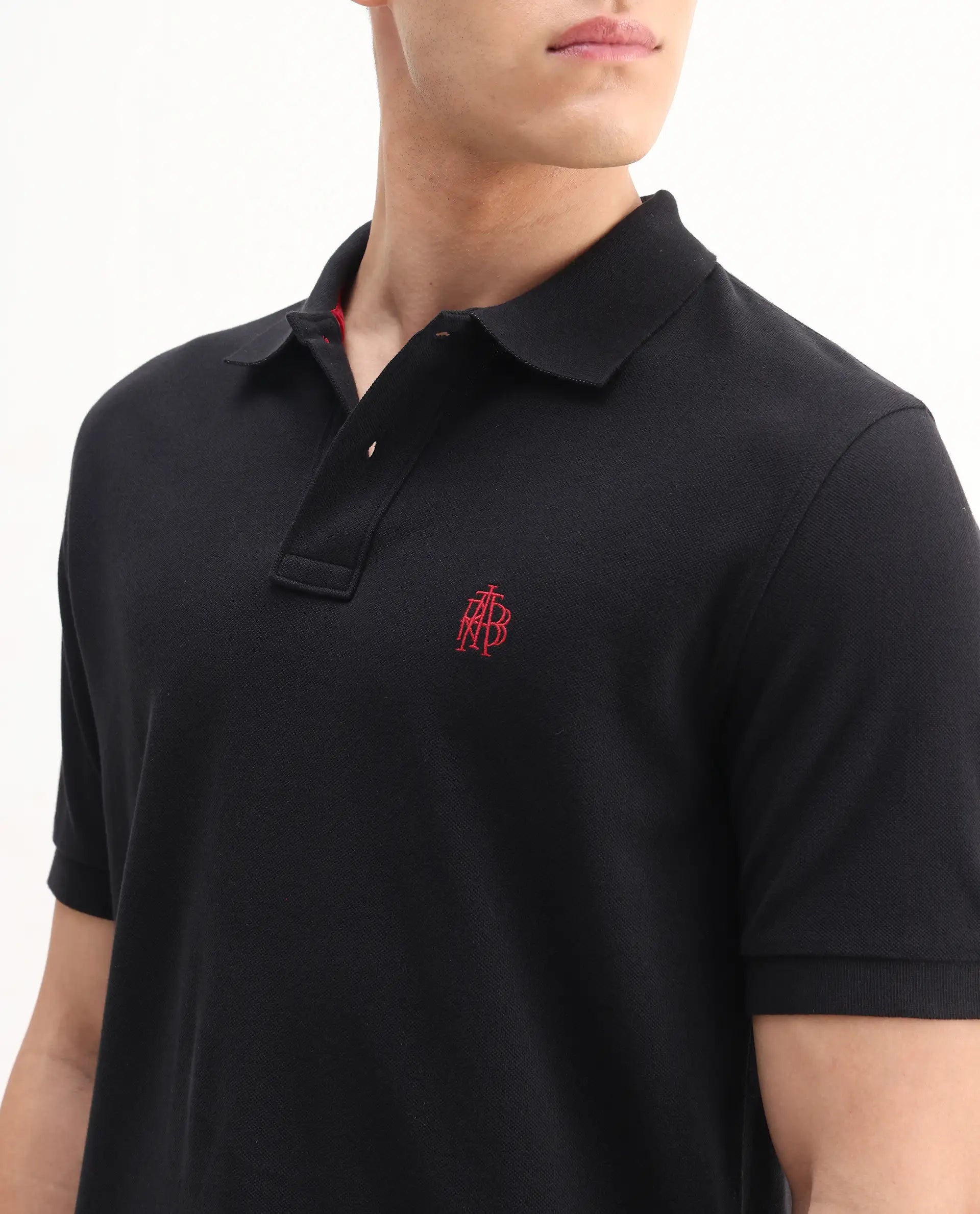 Rare Rabbit Men's Pare-1 Black Cotton Plain Regular Fit Half Sleeve Polo