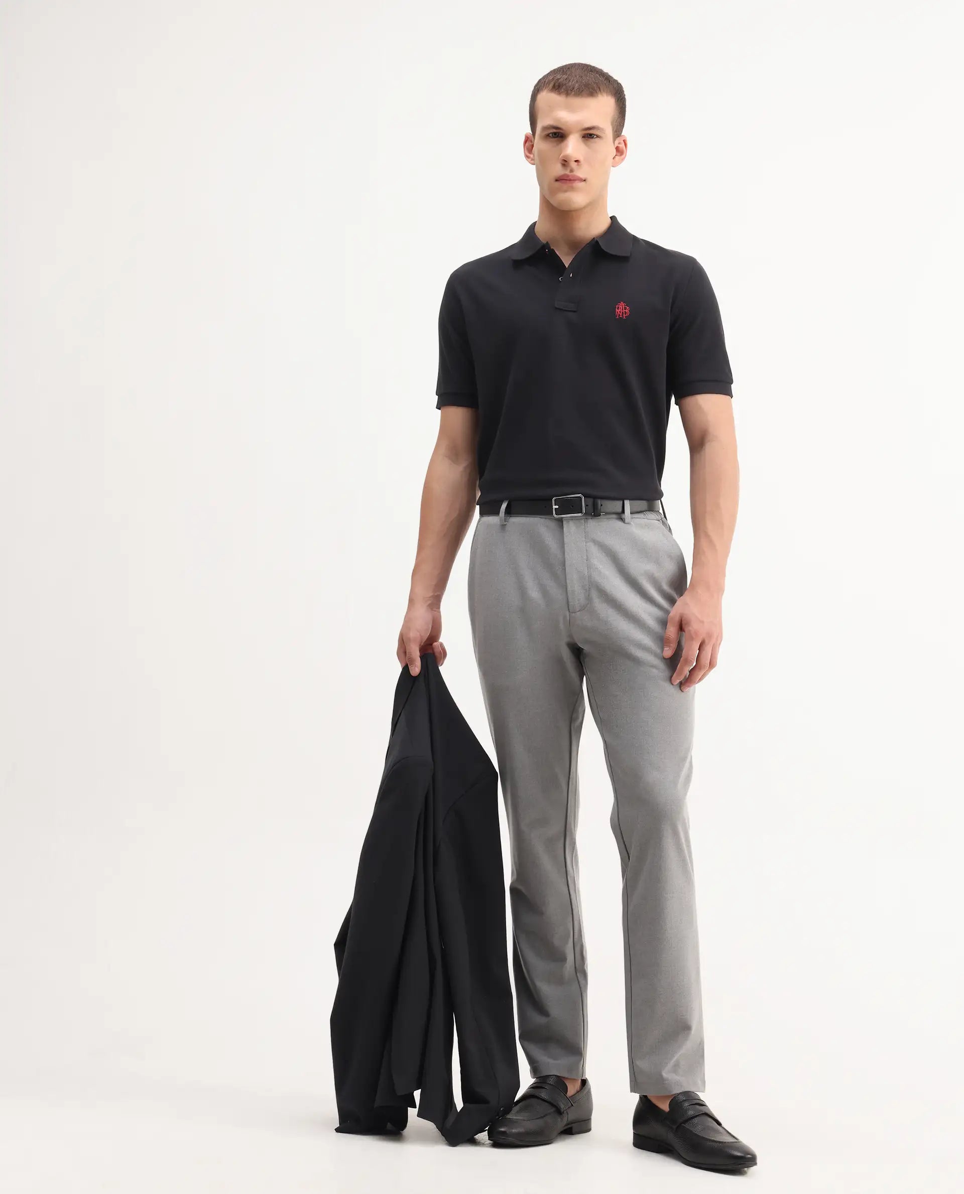 Rare Rabbit Men's Pare-1 Black Cotton Plain Regular Fit Half Sleeve Polo