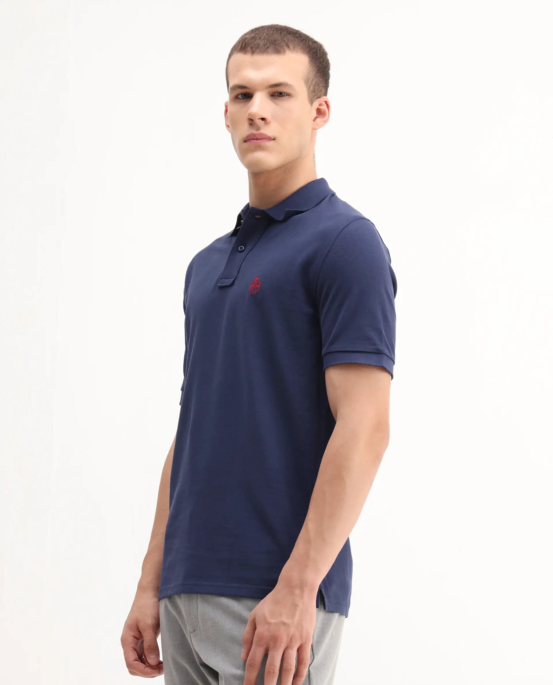 Rare Rabbit Men's Pare-1 Dark Blue Cotton Plain Regular Fit Half Sleeve Polo
