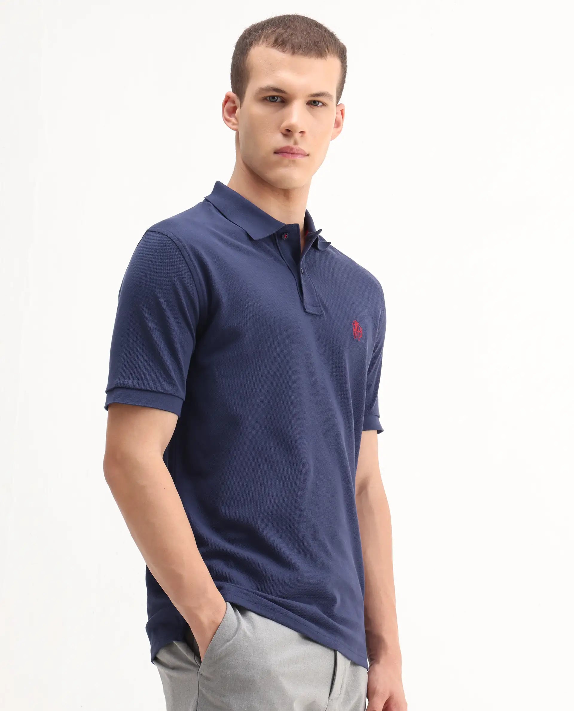 Rare Rabbit Men's Pare-1 Dark Blue Cotton Plain Regular Fit Half Sleeve Polo