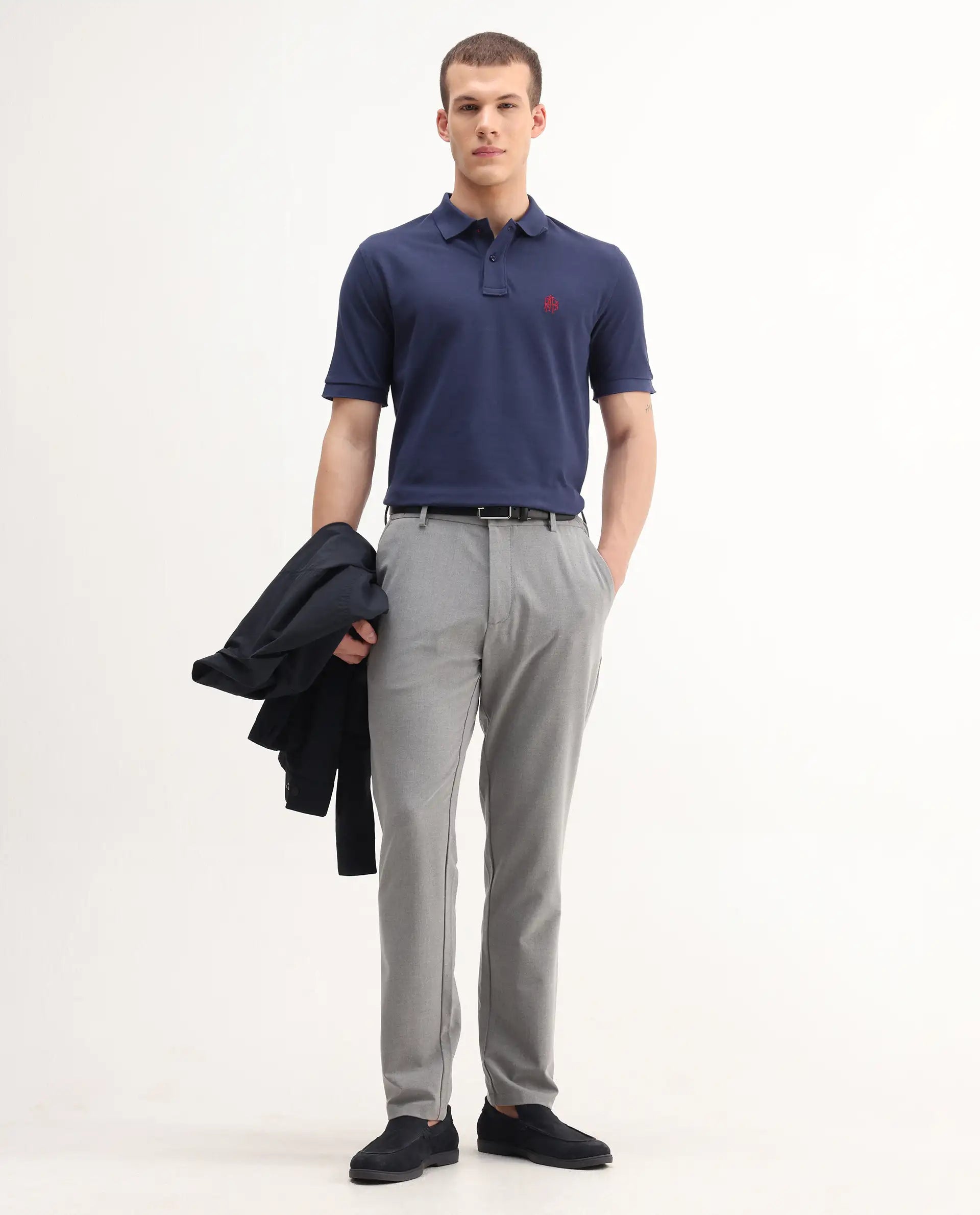 Rare Rabbit Men's Pare-1 Dark Blue Cotton Plain Regular Fit Half Sleeve Polo