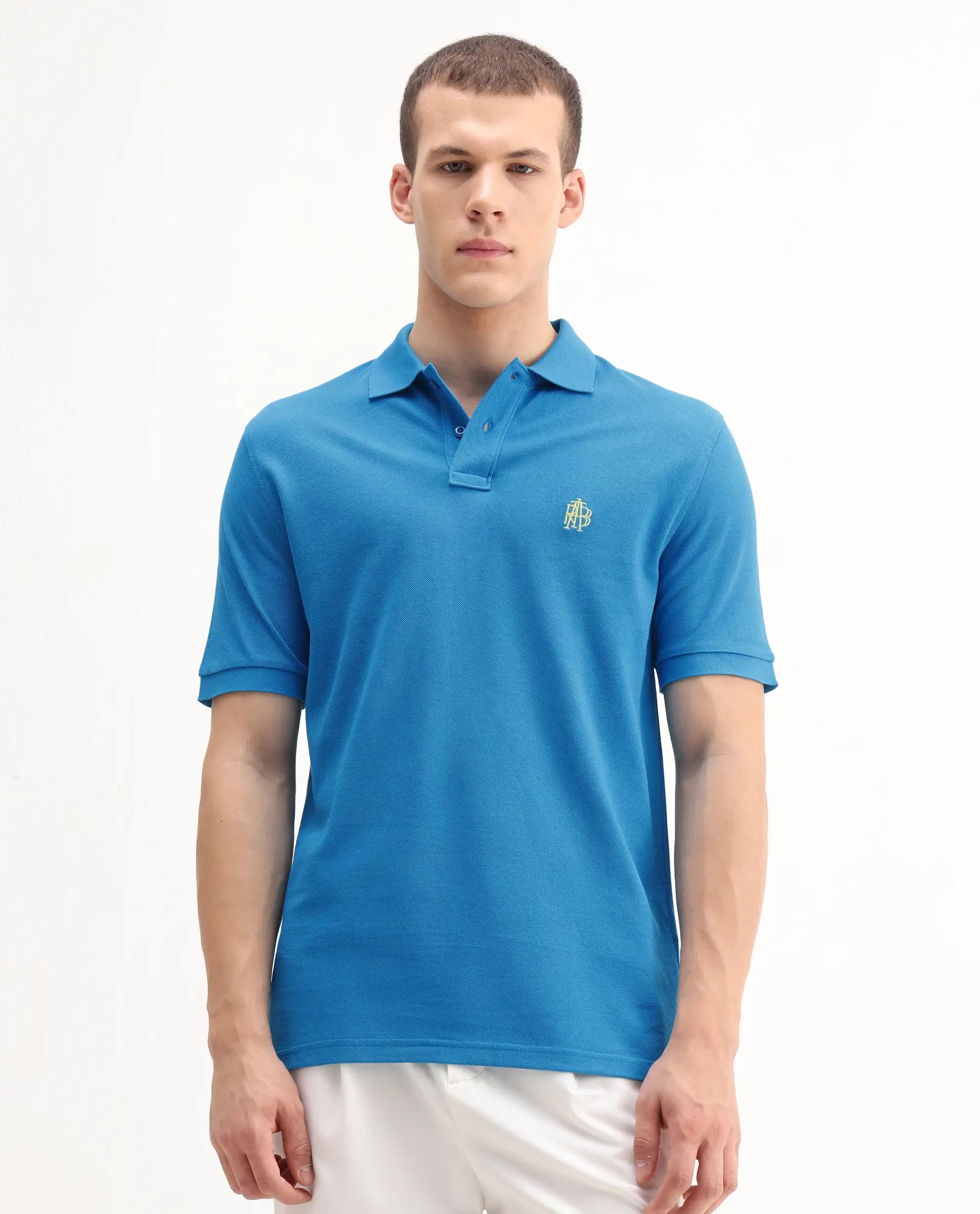 Rare Rabbit Men's Pare-1 Flouroscent Blue Cotton Plain Regular Fit Half Sleeve Polo