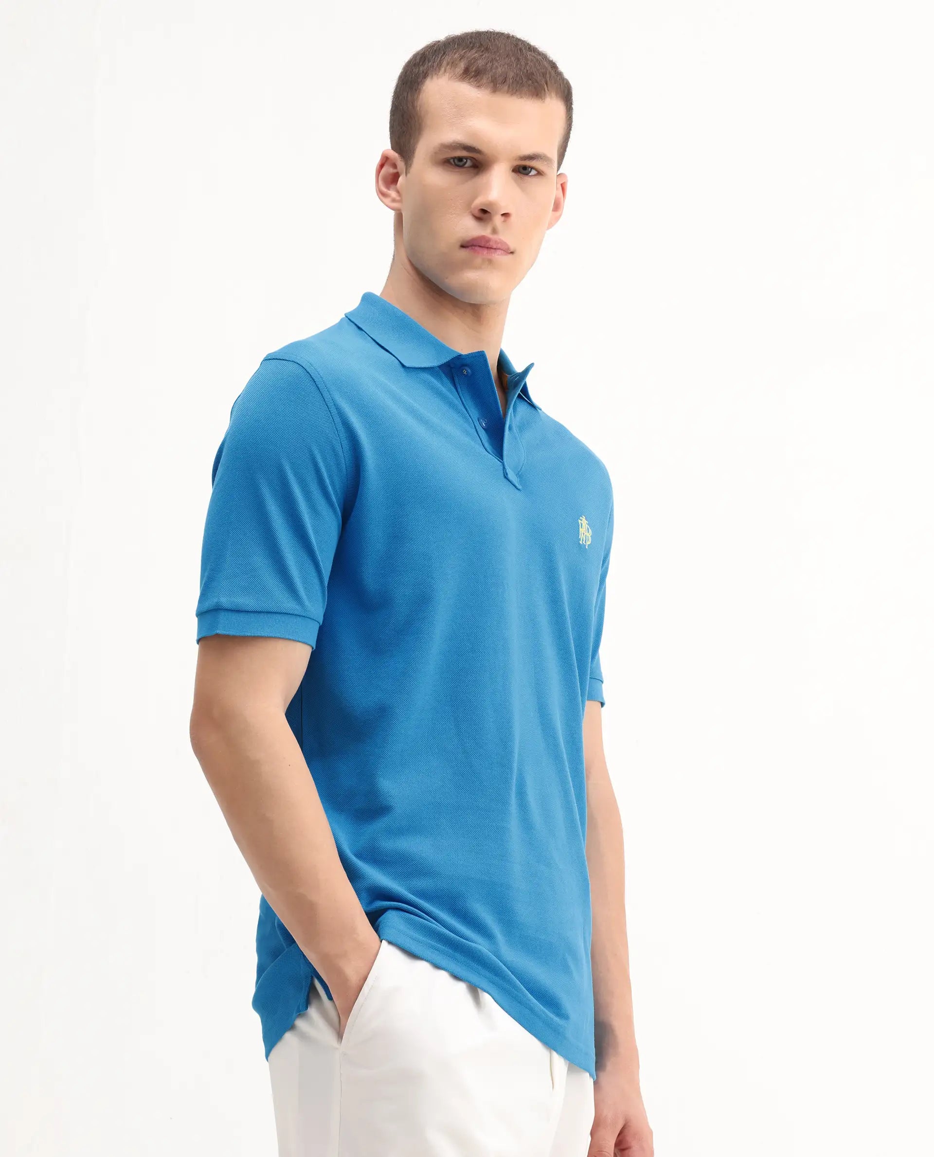 Rare Rabbit Men's Pare-1 Flouroscent Blue Cotton Plain Regular Fit Half Sleeve Polo
