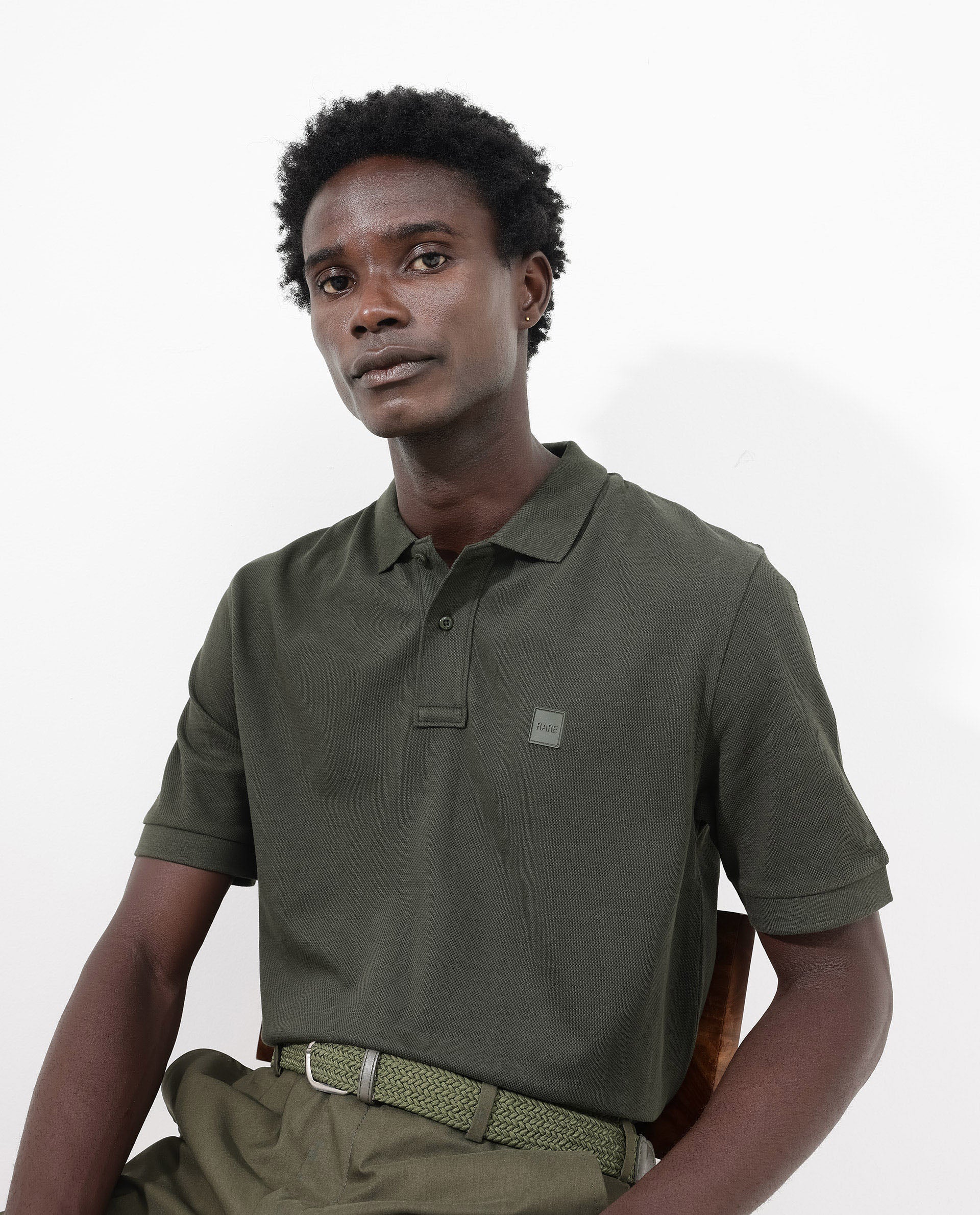 Rare Rabbit Mens Pare Dark Dark Olive Short Sleeve Solid Polo T-Shirt