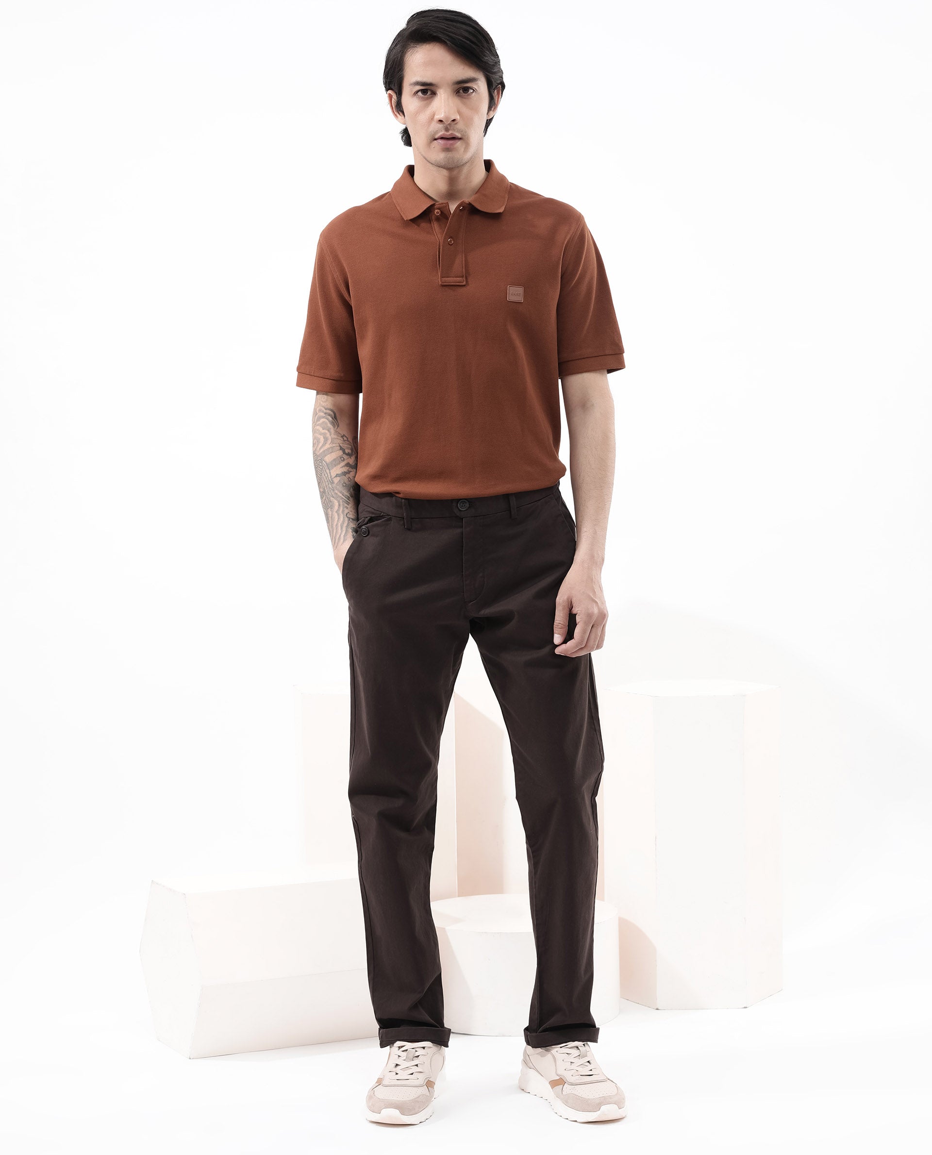Rare Rabbit Mens Pare Dark Dark Rust Short Sleeve Solid Polo T-Shirt