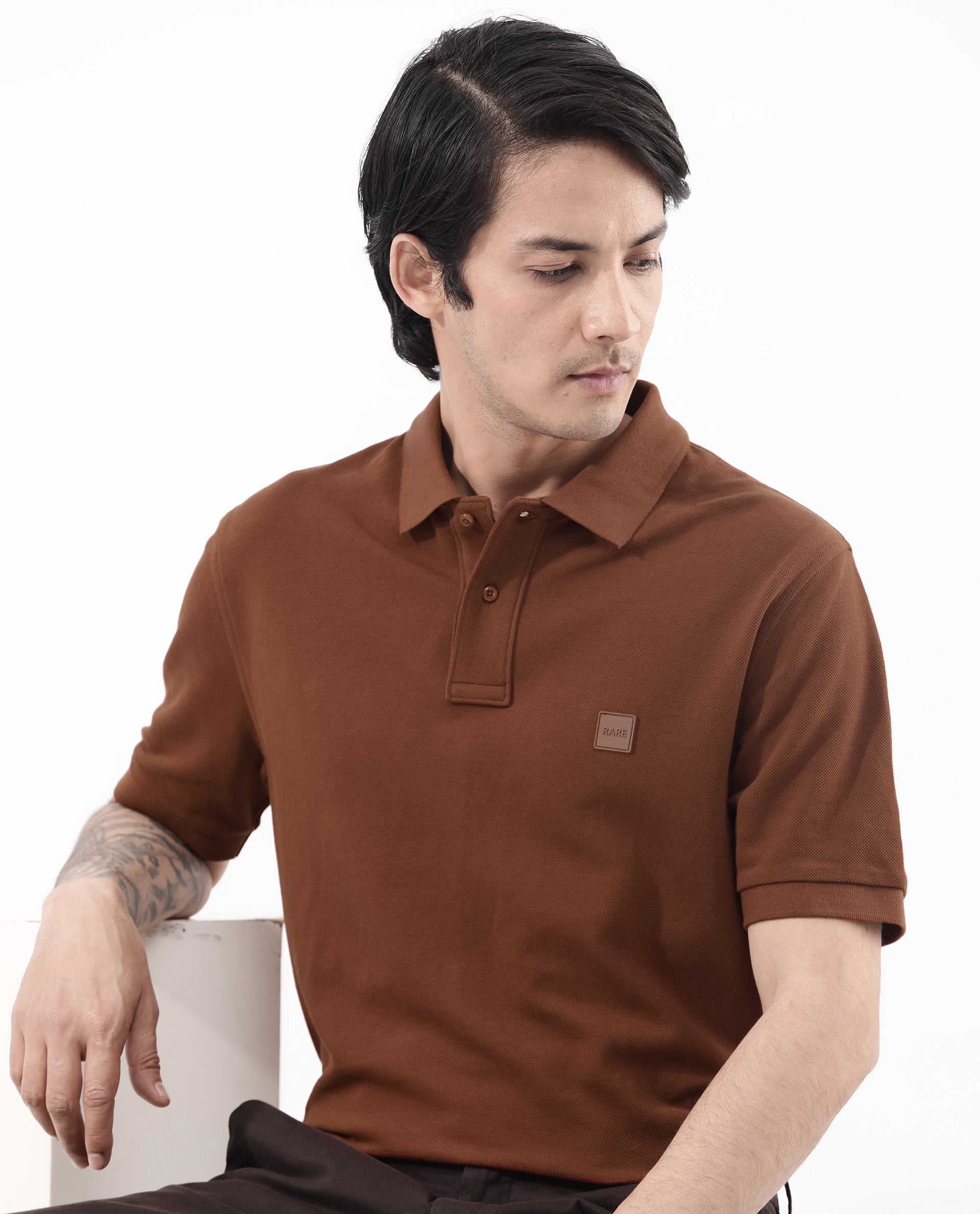 Rare Rabbit Mens Pare Dark Dark Rust Short Sleeve Solid Polo T-Shirt