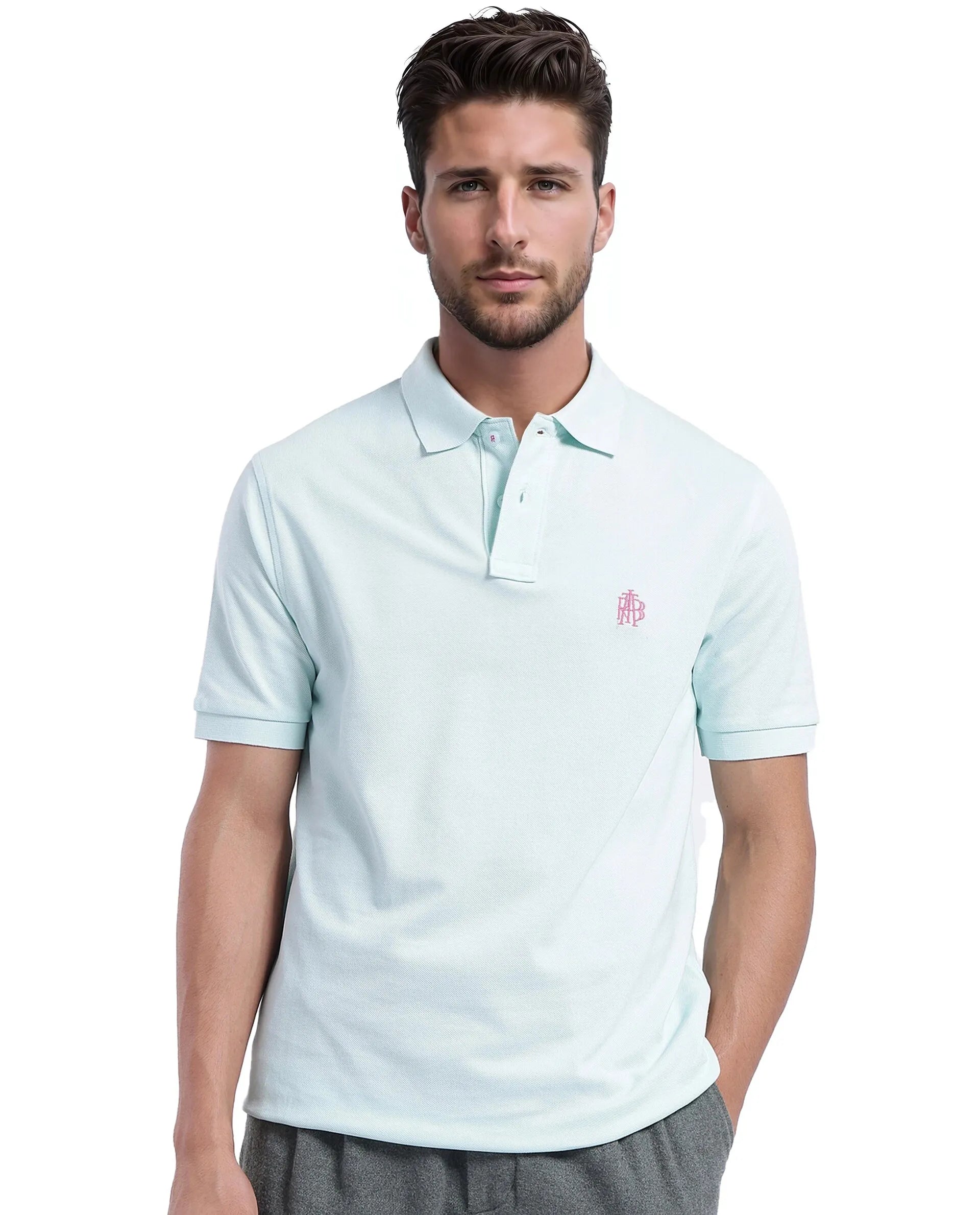 Rare Rabbit Men Pare-1 Light Blue Cotton Fabric Short Sleeve Collared Neck Regular Fit Printed Polo