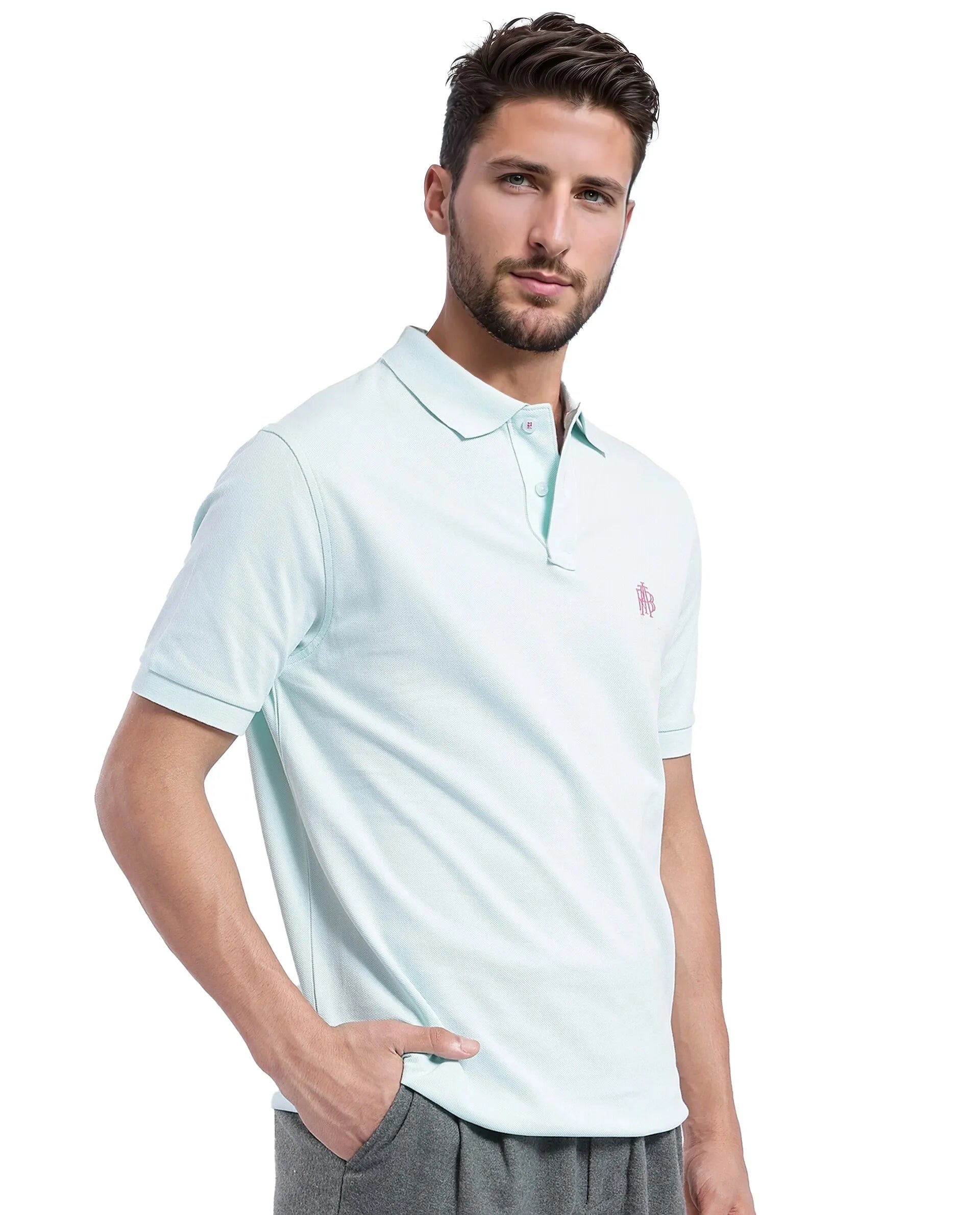 Rare Rabbit Men Pare-1 Light Blue Cotton Fabric Short Sleeve Collared Neck Regular Fit Printed Polo