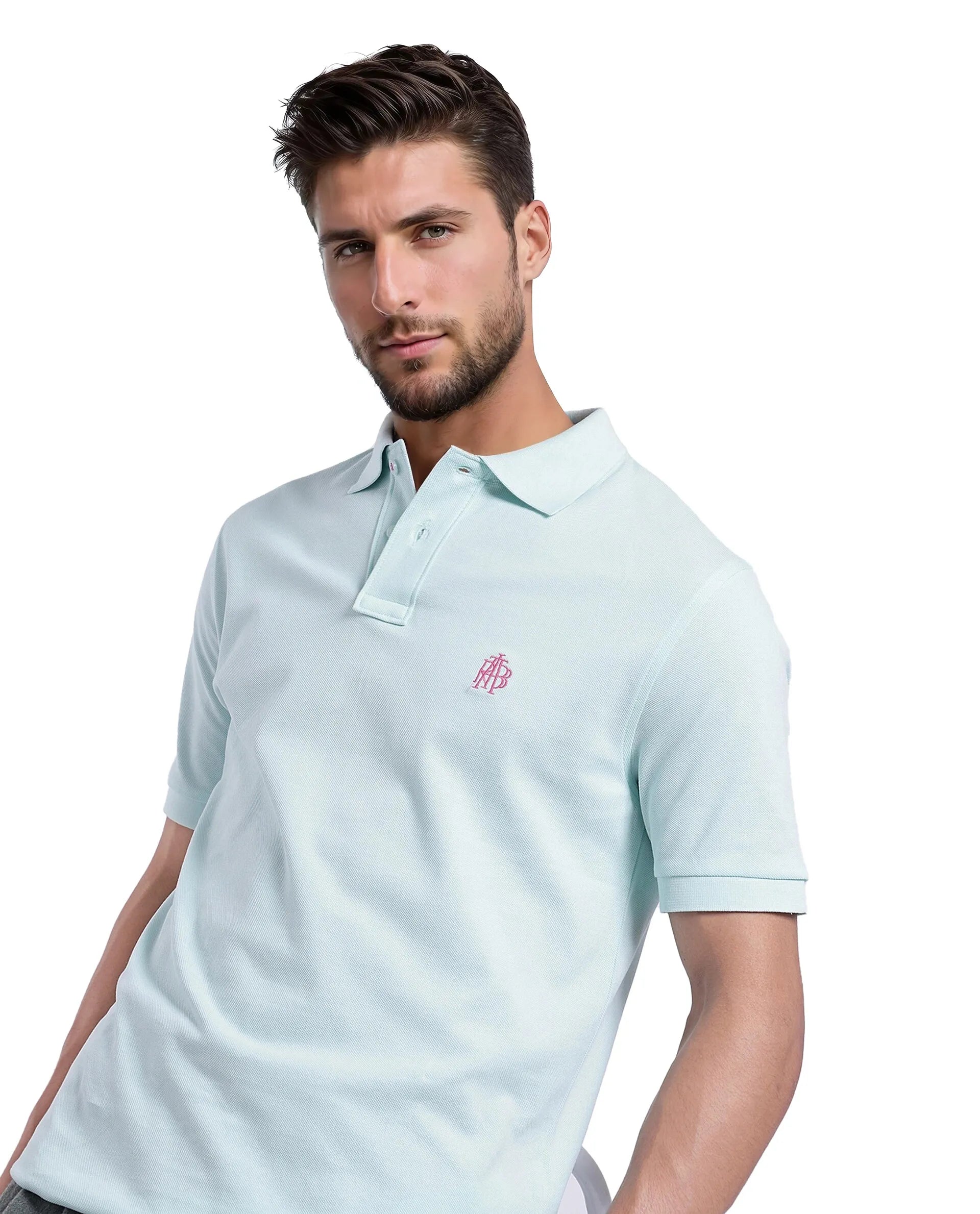 Rare Rabbit Men Pare-1 Light Blue Cotton Fabric Short Sleeve Collared Neck Regular Fit Printed Polo