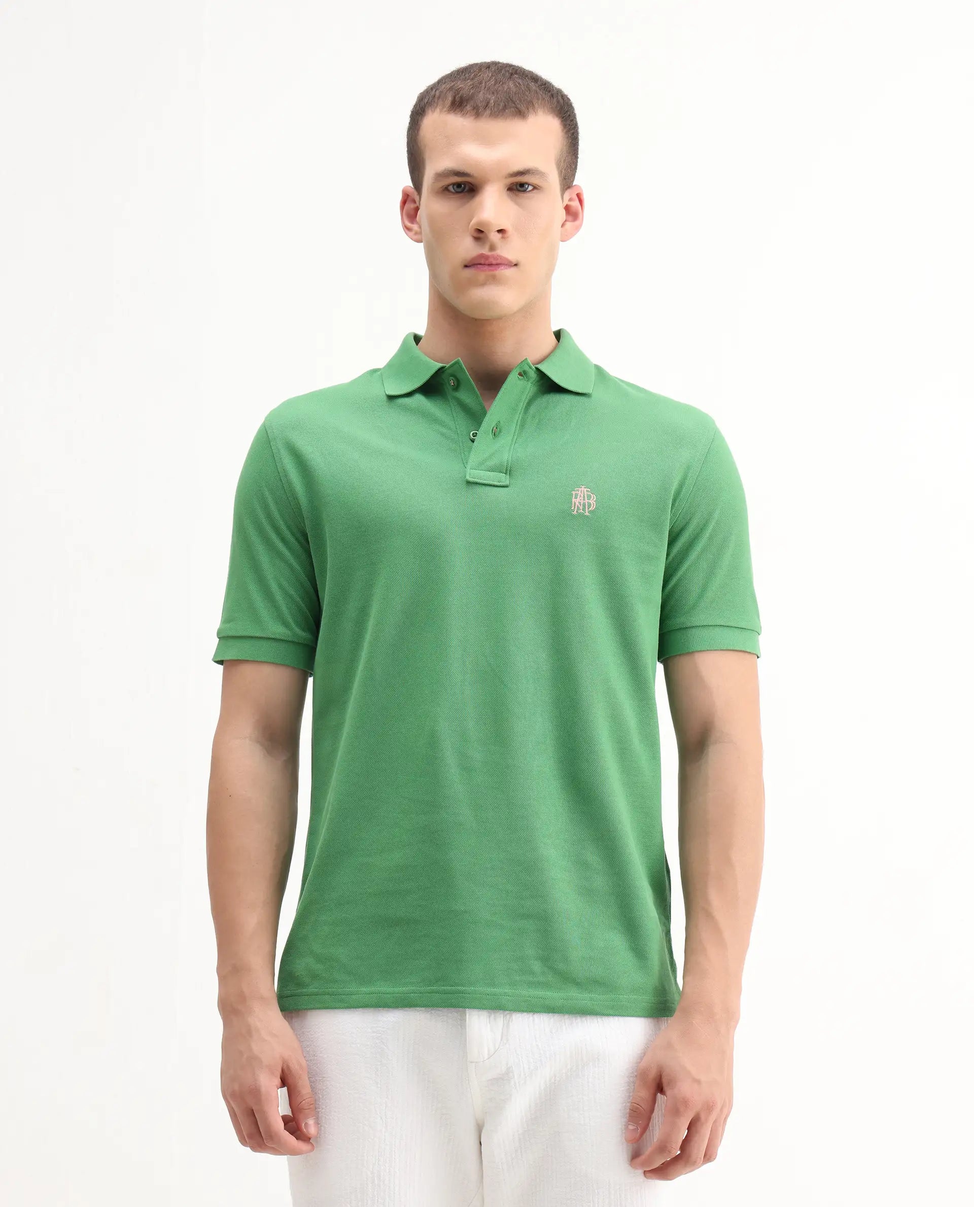 Rare Rabbit Men's Pare-1 Green Cotton Plain Regular Fit Half Sleeve Polo