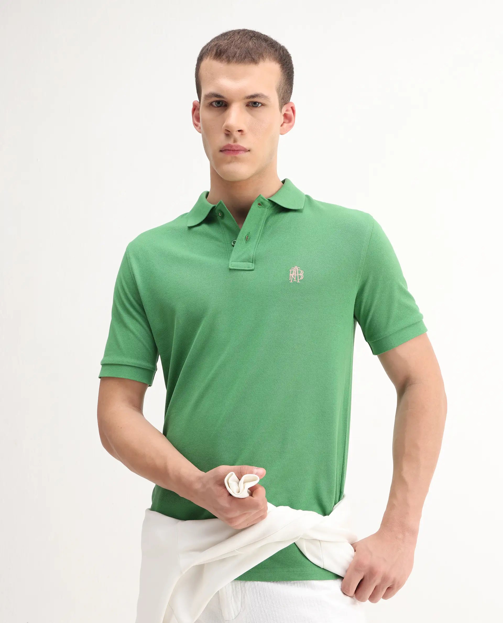 Rare Rabbit Men's Pare-1 Green Cotton Plain Regular Fit Half Sleeve Polo