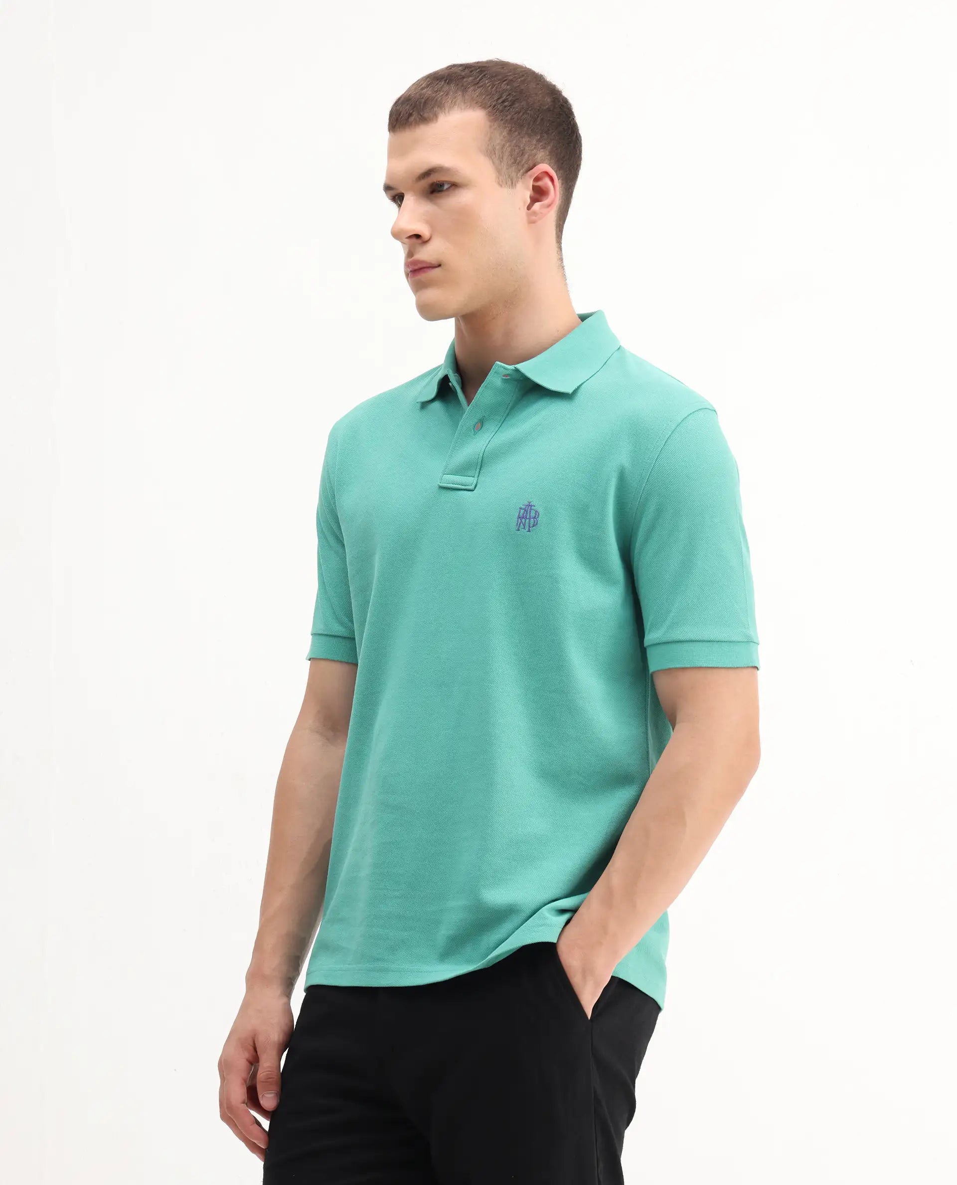 Rare Rabbit Men's Pare-1 Turq Cotton Plain Regular Fit Half Sleeve Polo