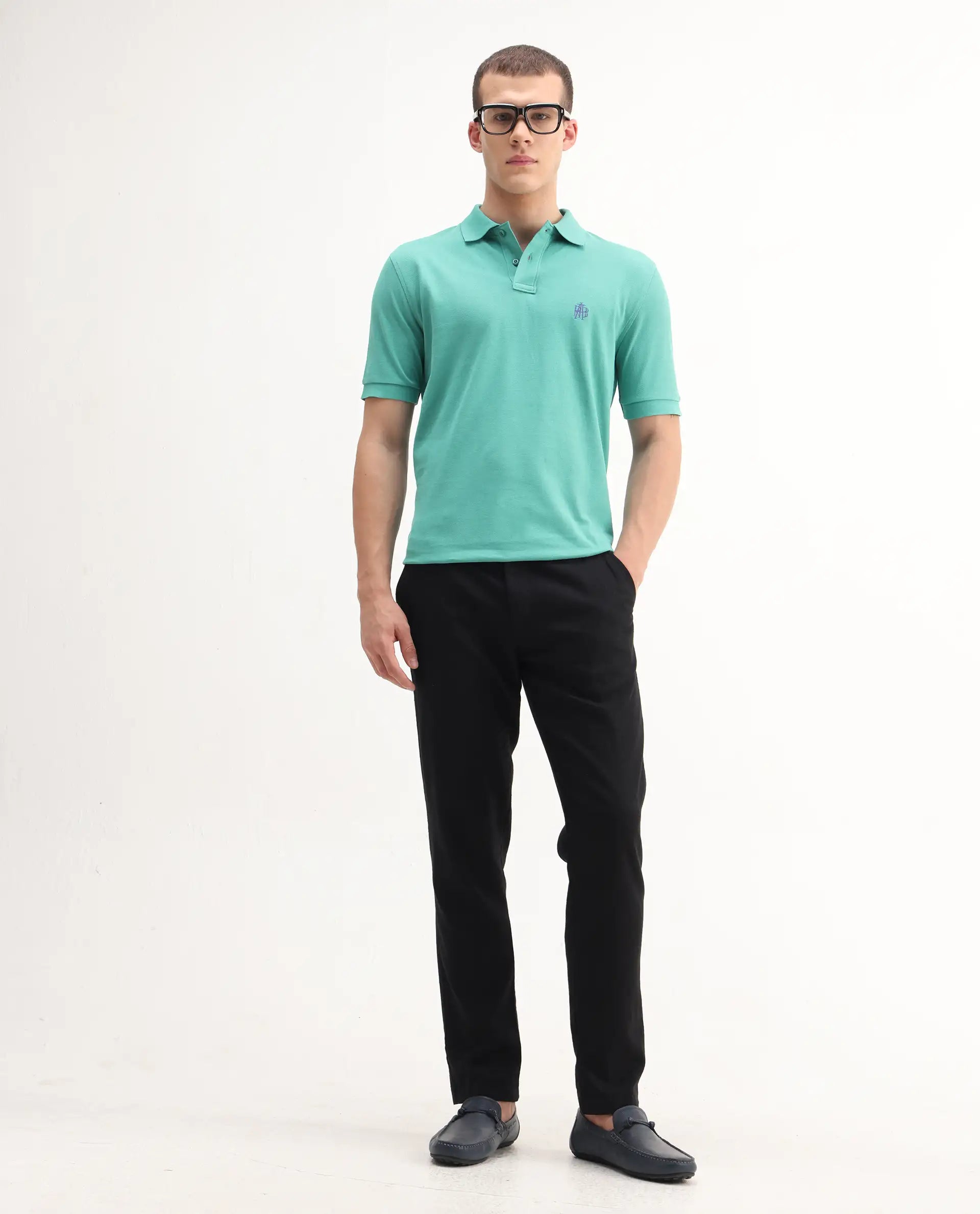 Rare Rabbit Men's Pare-1 Turq Cotton Plain Regular Fit Half Sleeve Polo