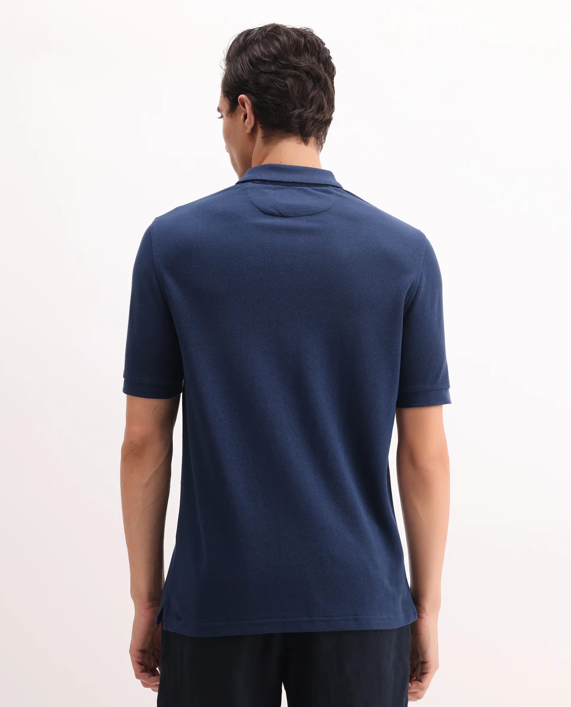 Rare Rabbit Men's Pare Blue Cotton Embroidered Regular Fit Half Sleeve Polo