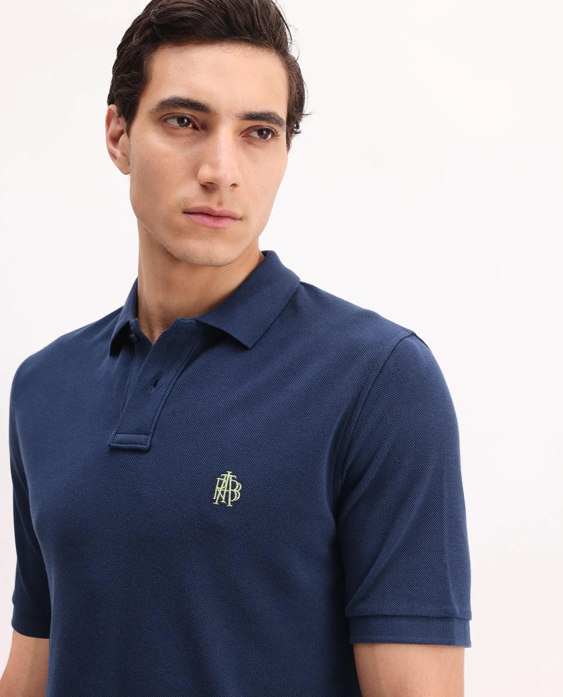 Rare Rabbit Men's Pare Blue Cotton Embroidered Regular Fit Half Sleeve Polo