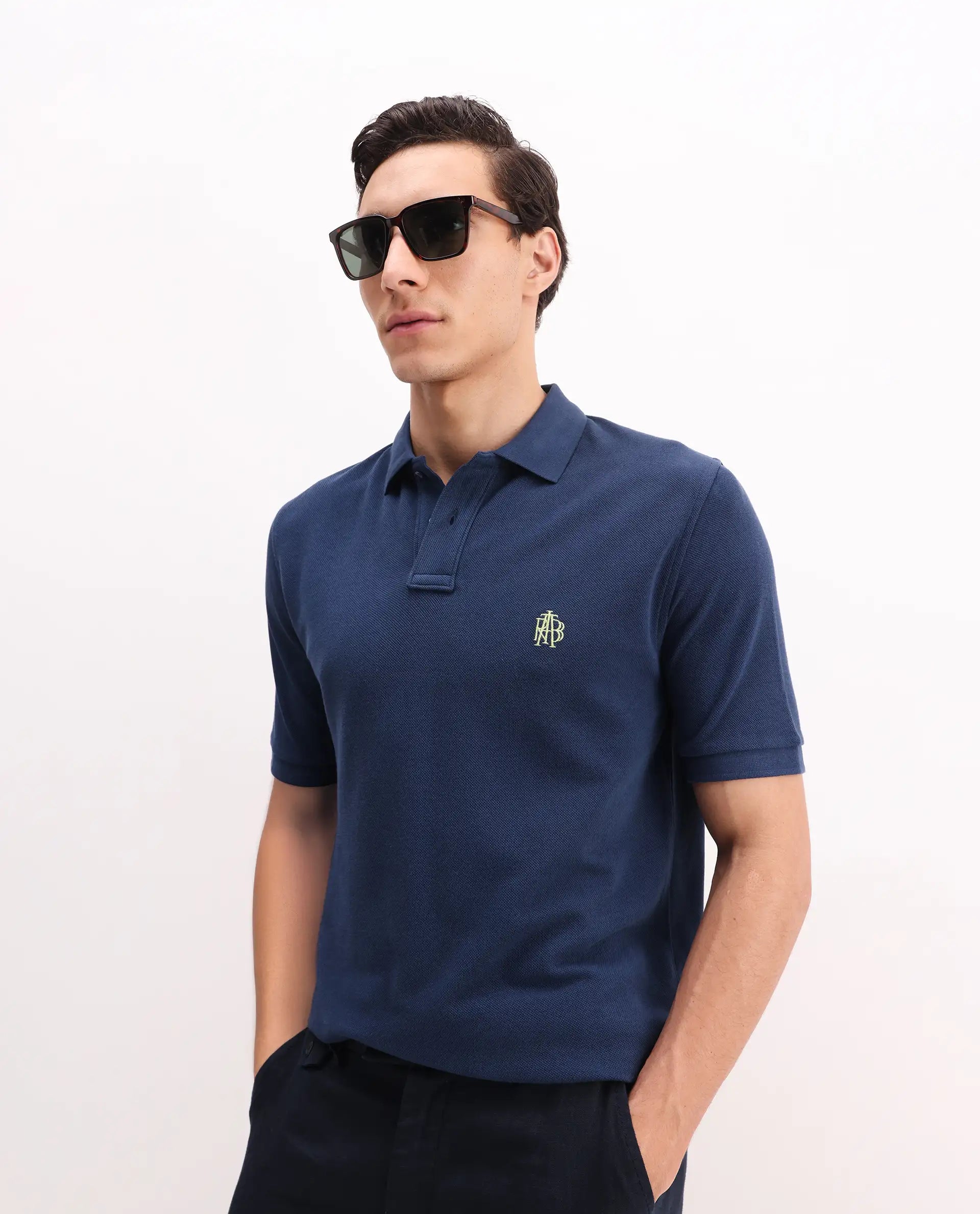 Rare Rabbit Men's Pare Blue Cotton Embroidered Regular Fit Half Sleeve Polo