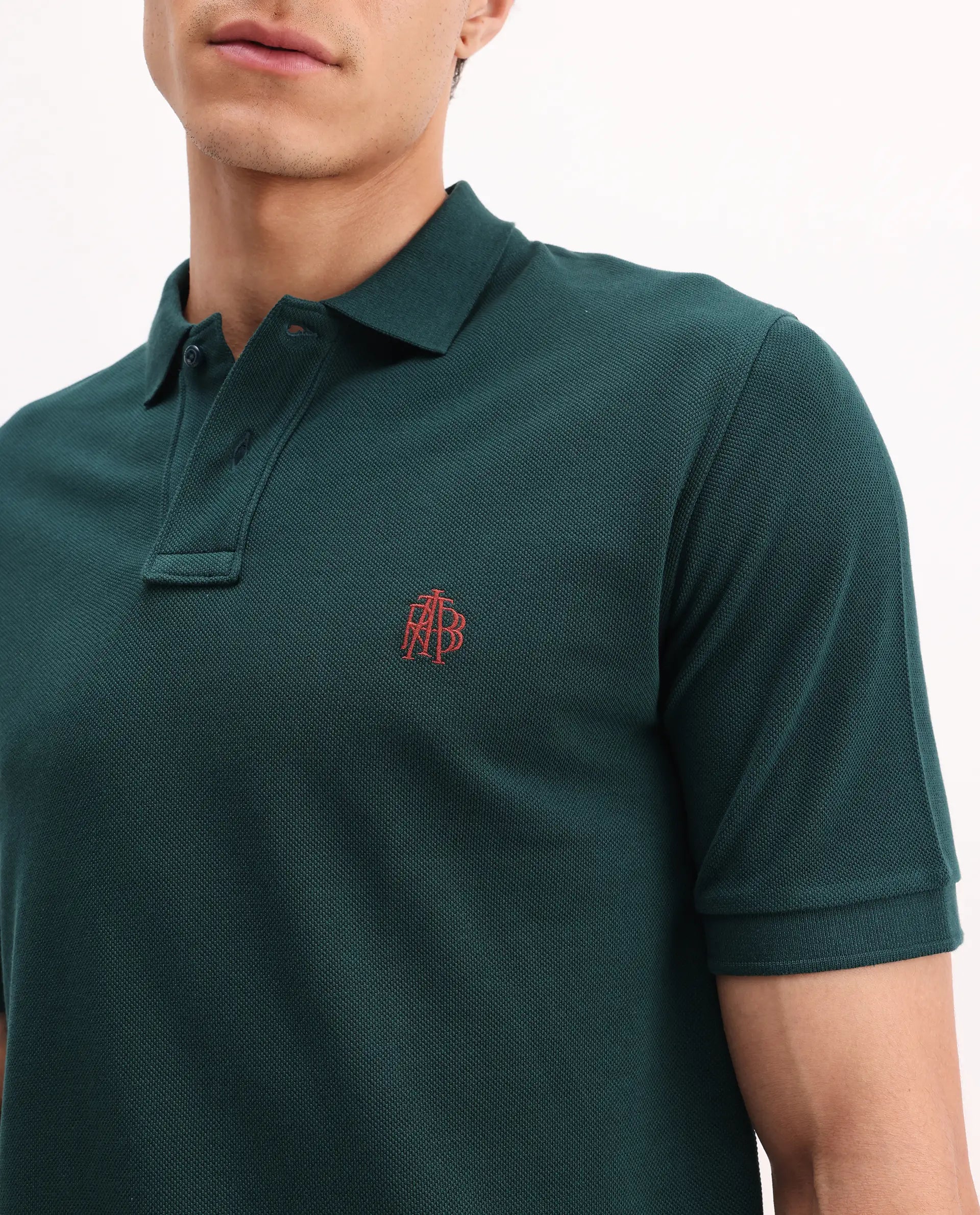 Rare Rabbit Men's Pare Green Cotton Embroidered Regular Fit Half Sleeve Polo