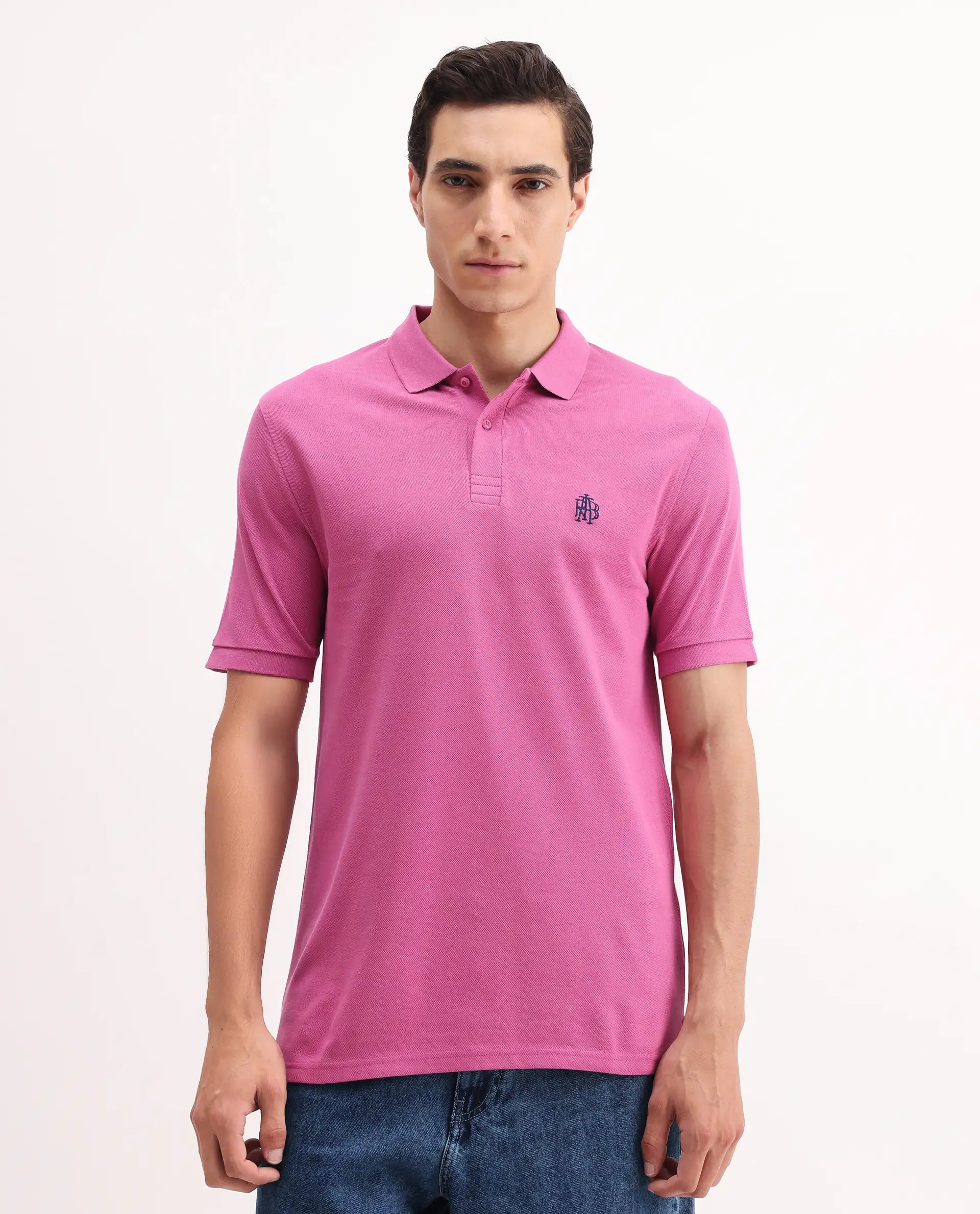 Rare Rabbit Men's Paret-Bright Flouroscent Pink Cotton Embroidered Regular Fit Half Sleeve Polo