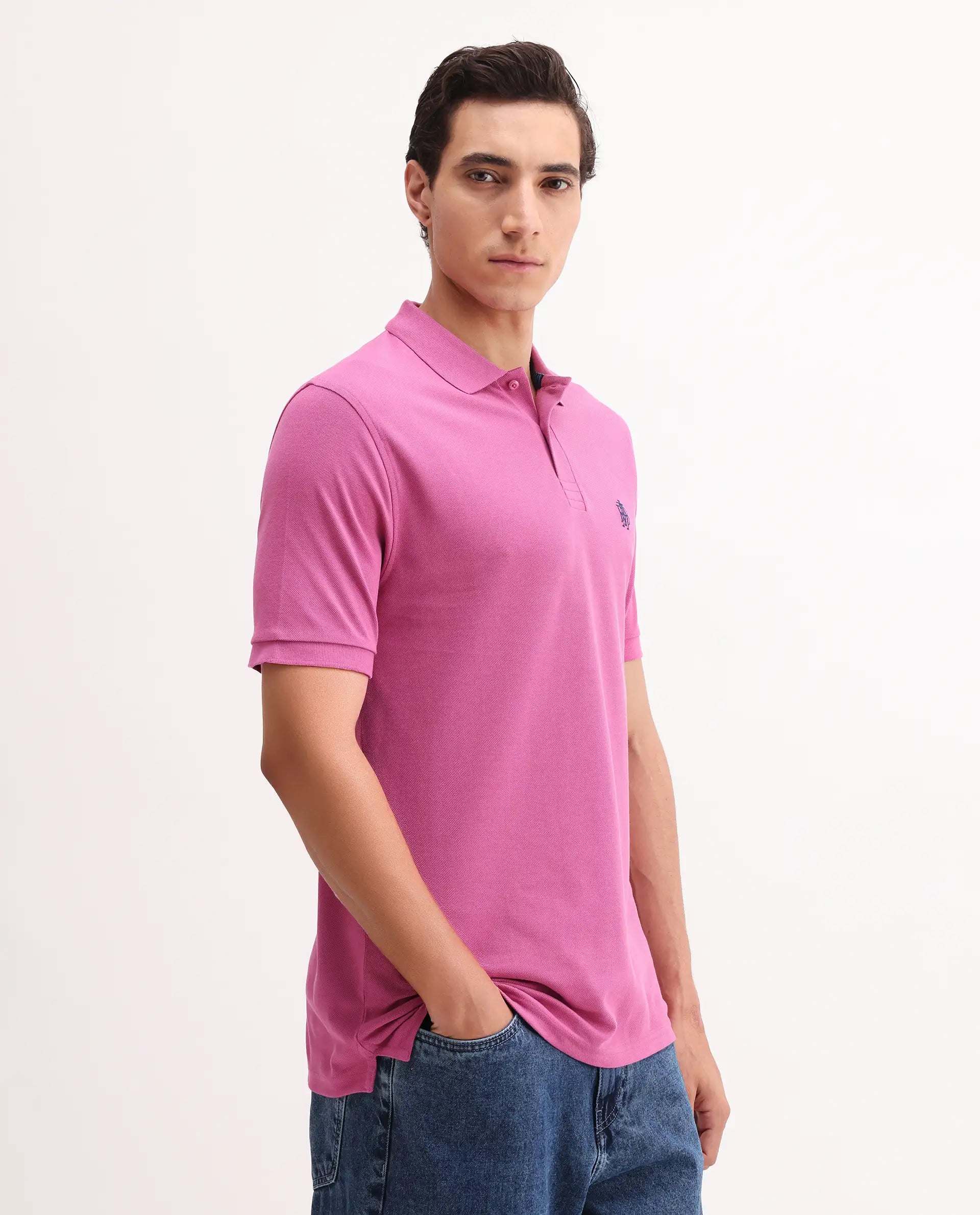 Rare Rabbit Men's Paret-Bright Flouroscent Pink Cotton Embroidered Regular Fit Half Sleeve Polo