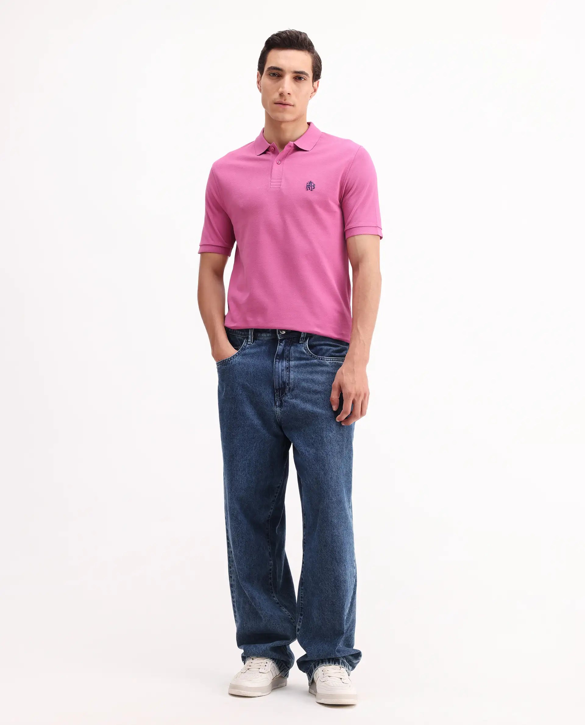Rare Rabbit Men's Paret-Bright Flouroscent Pink Cotton Embroidered Regular Fit Half Sleeve Polo