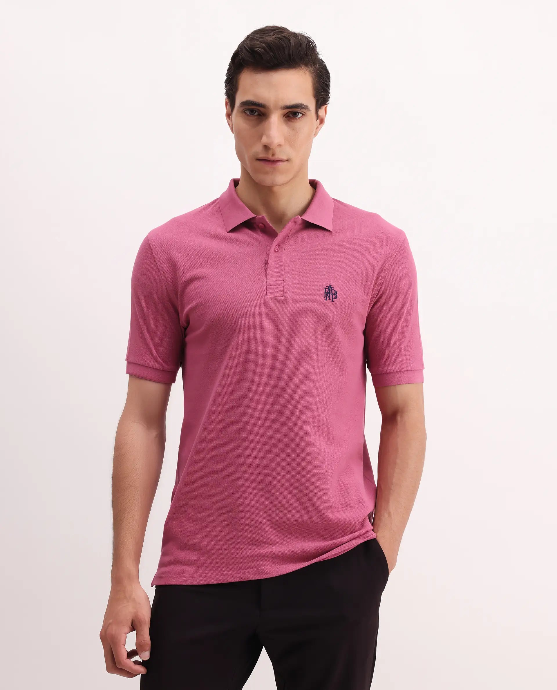 Rare Rabbit Men's Paret Bright Pink Cotton Embroidered Regular Fit Half Sleeve Polo