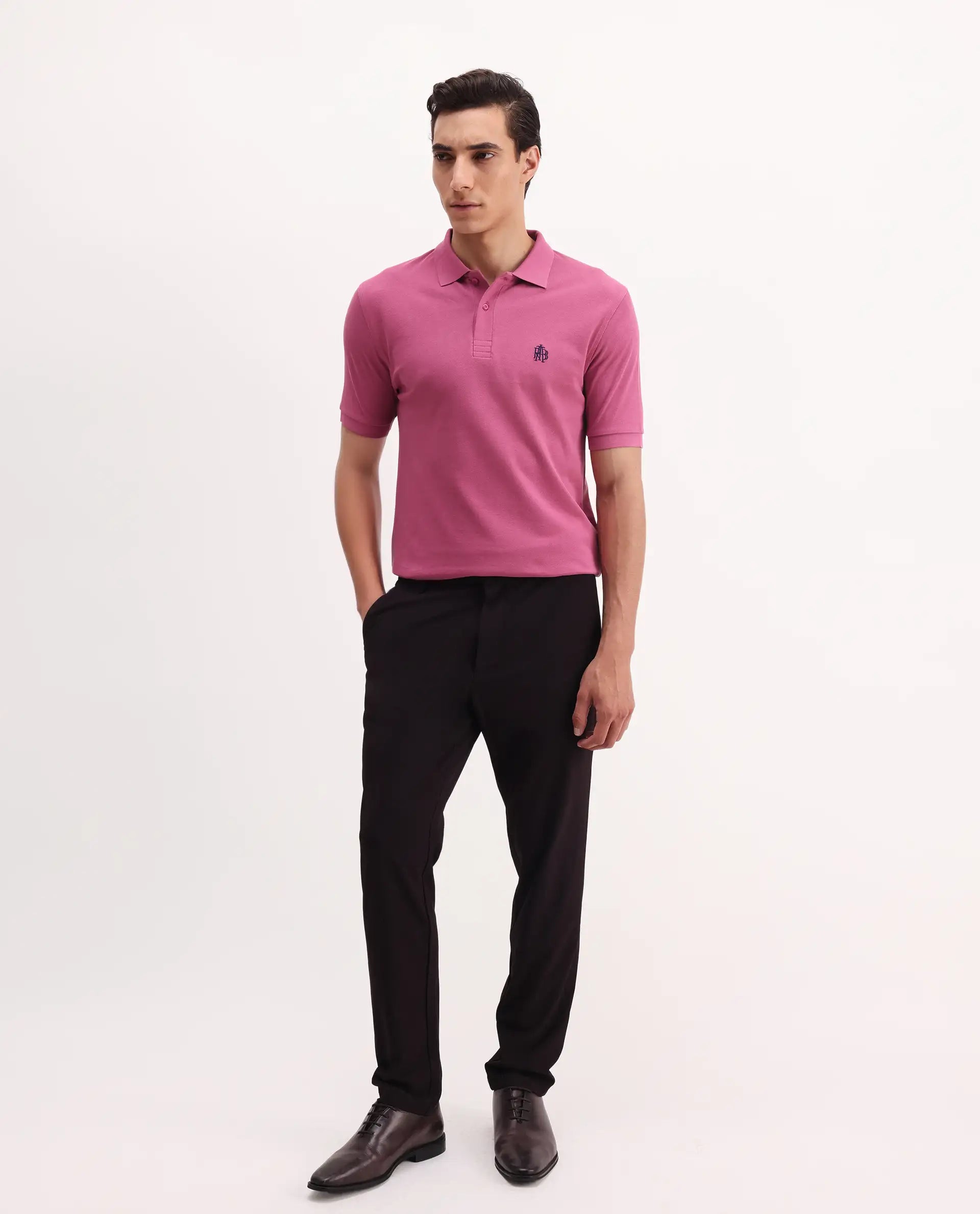 Rare Rabbit Men's Paret Bright Pink Cotton Embroidered Regular Fit Half Sleeve Polo