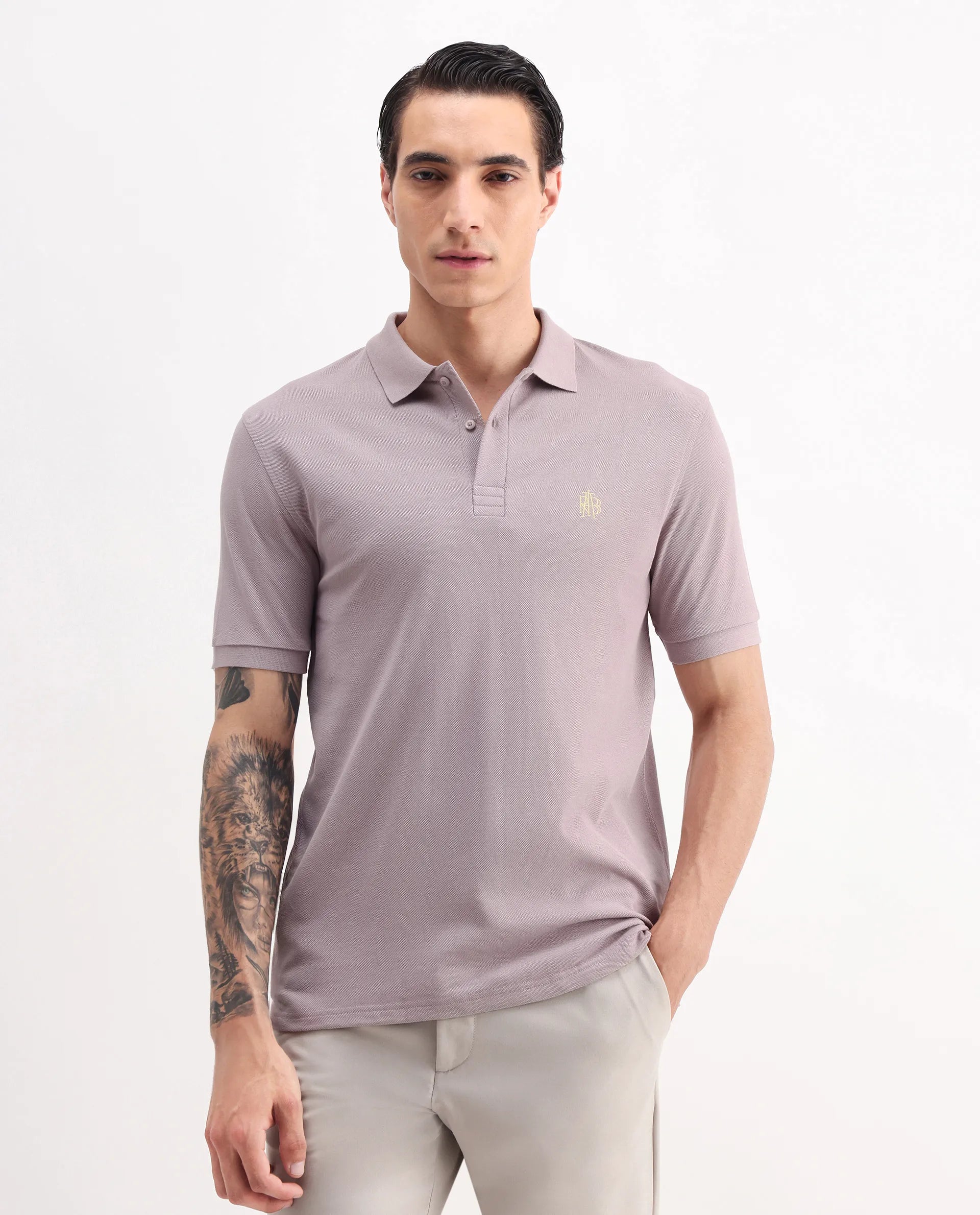 Rare Rabbit Men's Paret-Bright Purple Cotton Embroidered Regular Fit Half Sleeve Polo