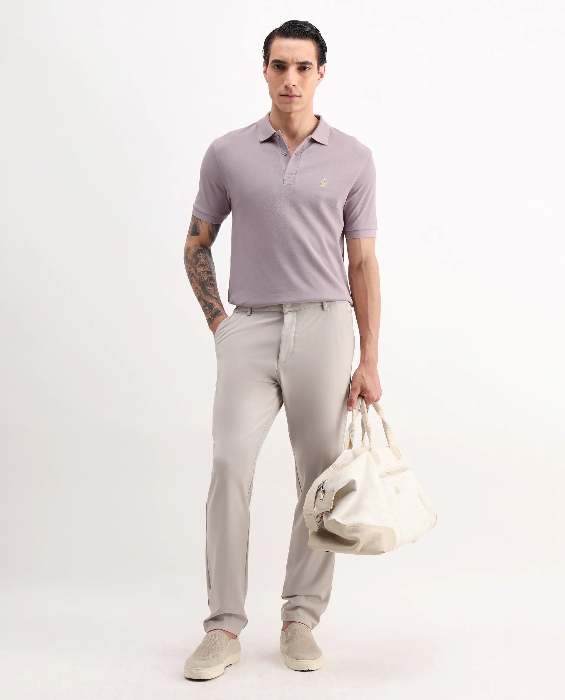 Rare Rabbit Men's Paret-Bright Purple Cotton Embroidered Regular Fit Half Sleeve Polo