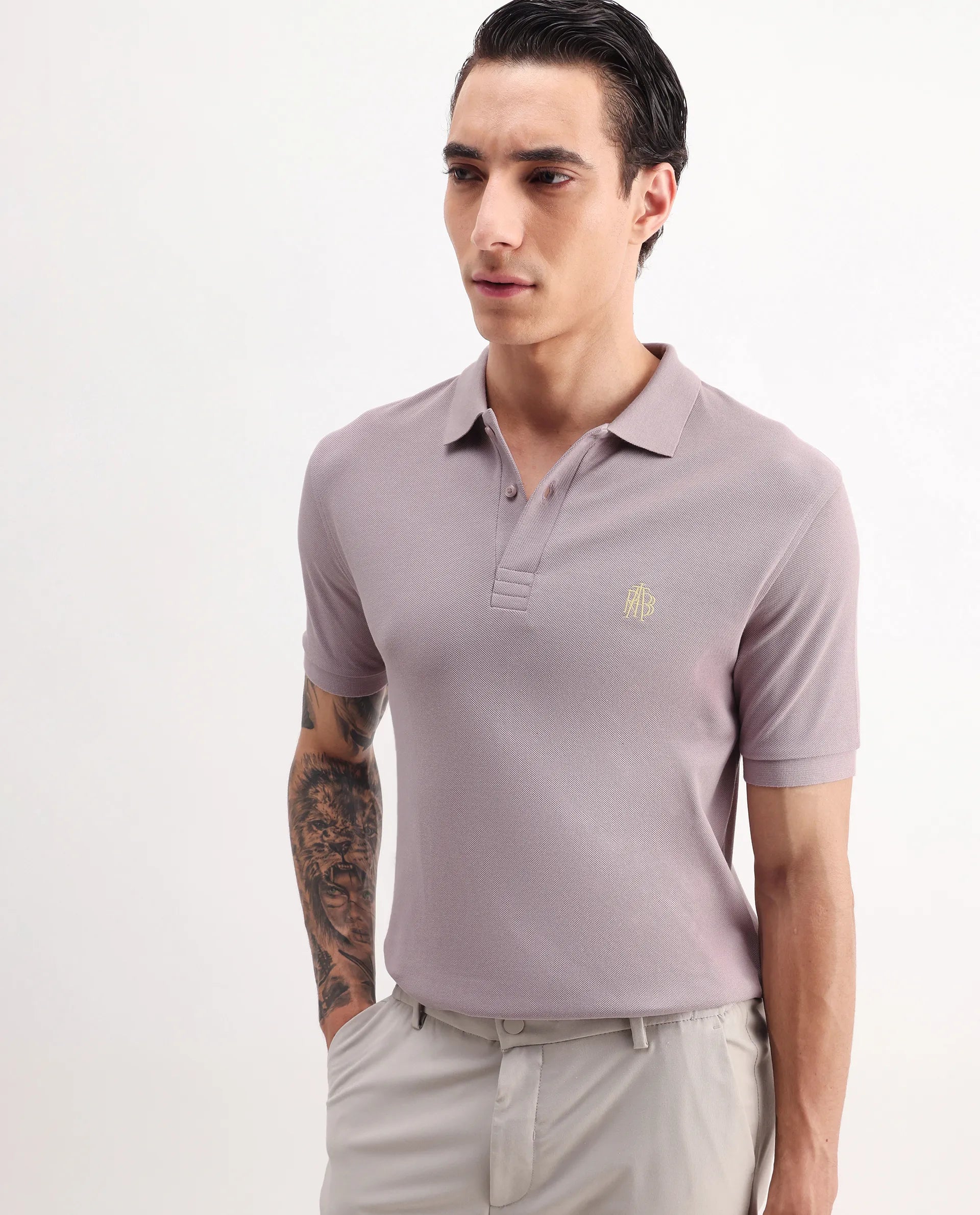 Rare Rabbit Men's Paret-Bright Purple Cotton Embroidered Regular Fit Half Sleeve Polo