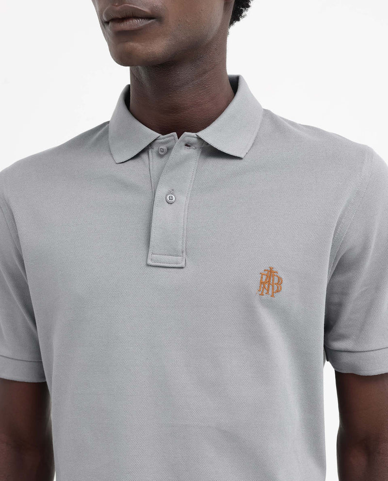 Rare Rabbit Mens Pareto Grey Cotton Short Sleeve Embroidered Logo Solid Polo T-Shirt