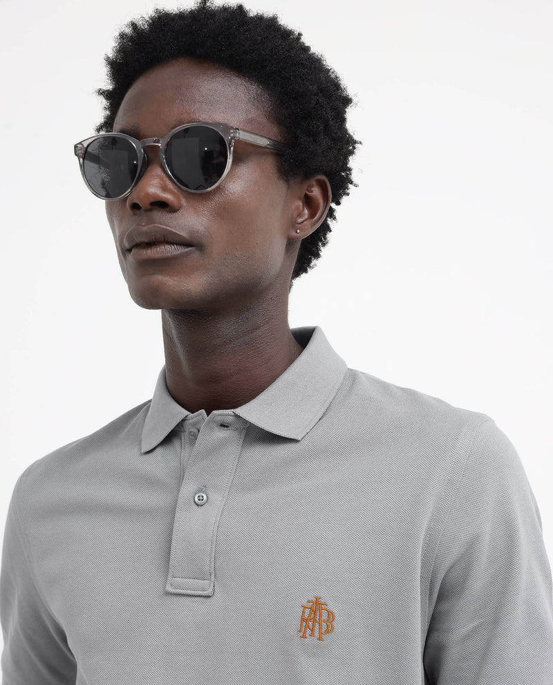 Rare Rabbit Mens Pareto Grey Cotton Short Sleeve Embroidered Logo Solid Polo T-Shirt