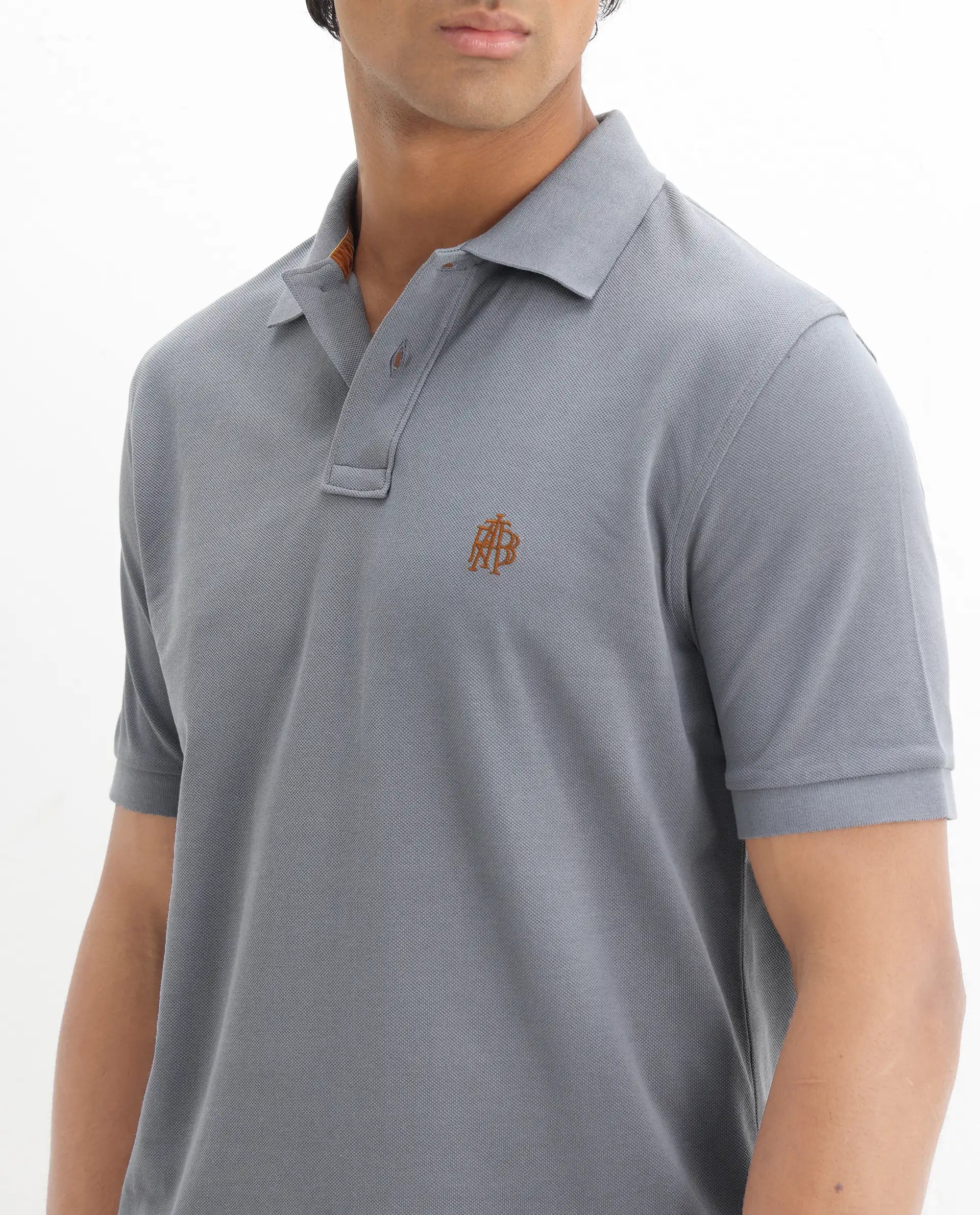 Rare Rabbit Men's Pareto Grey Cotton Embroidered Regular Fit Half Sleeve Polo