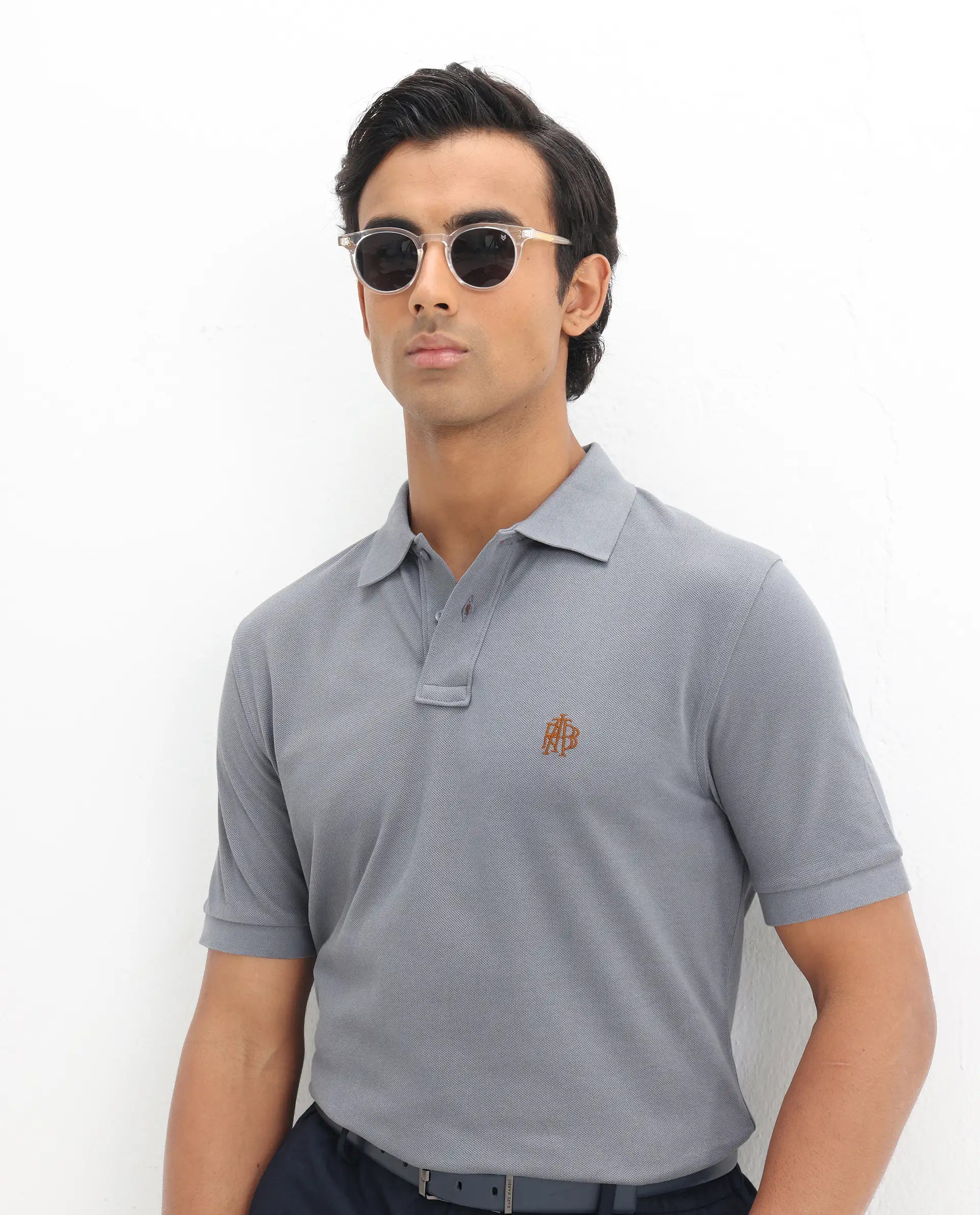 Rare Rabbit Men's Pareto Grey Cotton Embroidered Regular Fit Half Sleeve Polo